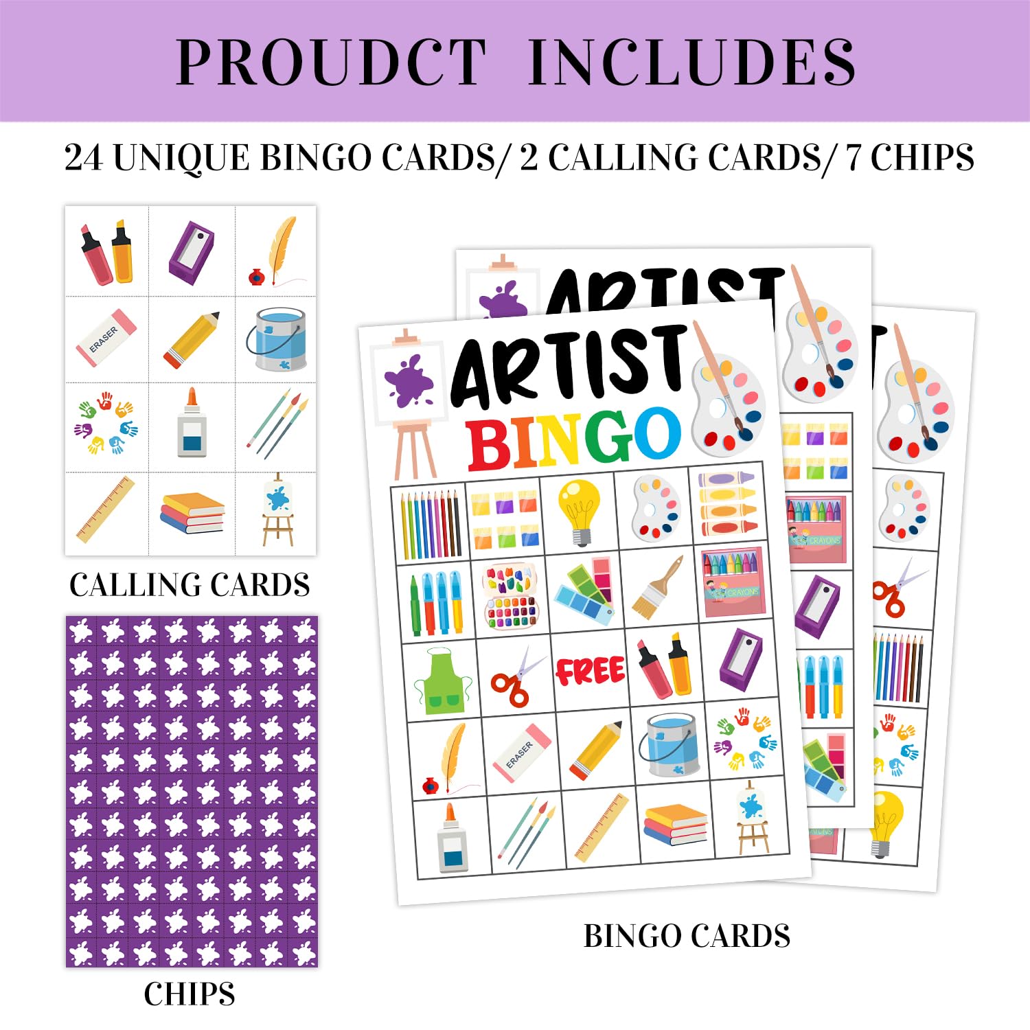 Artist Party Bingo Game Set - 24 Player Art Bingo Cards for Family & Friends Game Night, Painting Party Favors, Holiday Decorations - Perfect for Birthday Parties, Team Building & Classroom Activities