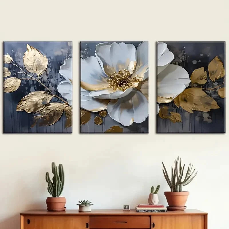 3-Piece Modern Abstract Floral Metal Wall Art - Large White Flower Prints - Ready to Hang Canvas Decor for Living Room, Bedroom & Office