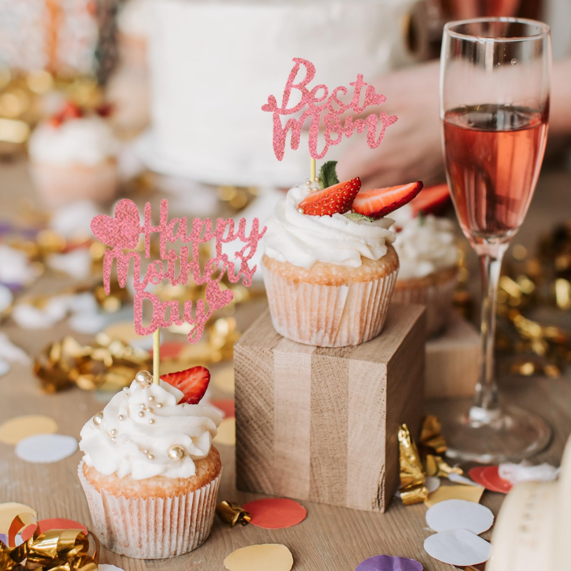 24Pcs Happy Mother's Day Cupcake Toppers - Pink Glitter Cake Decorations for Mother's Birthday Party, Baby Shower & Wedding Celebrations