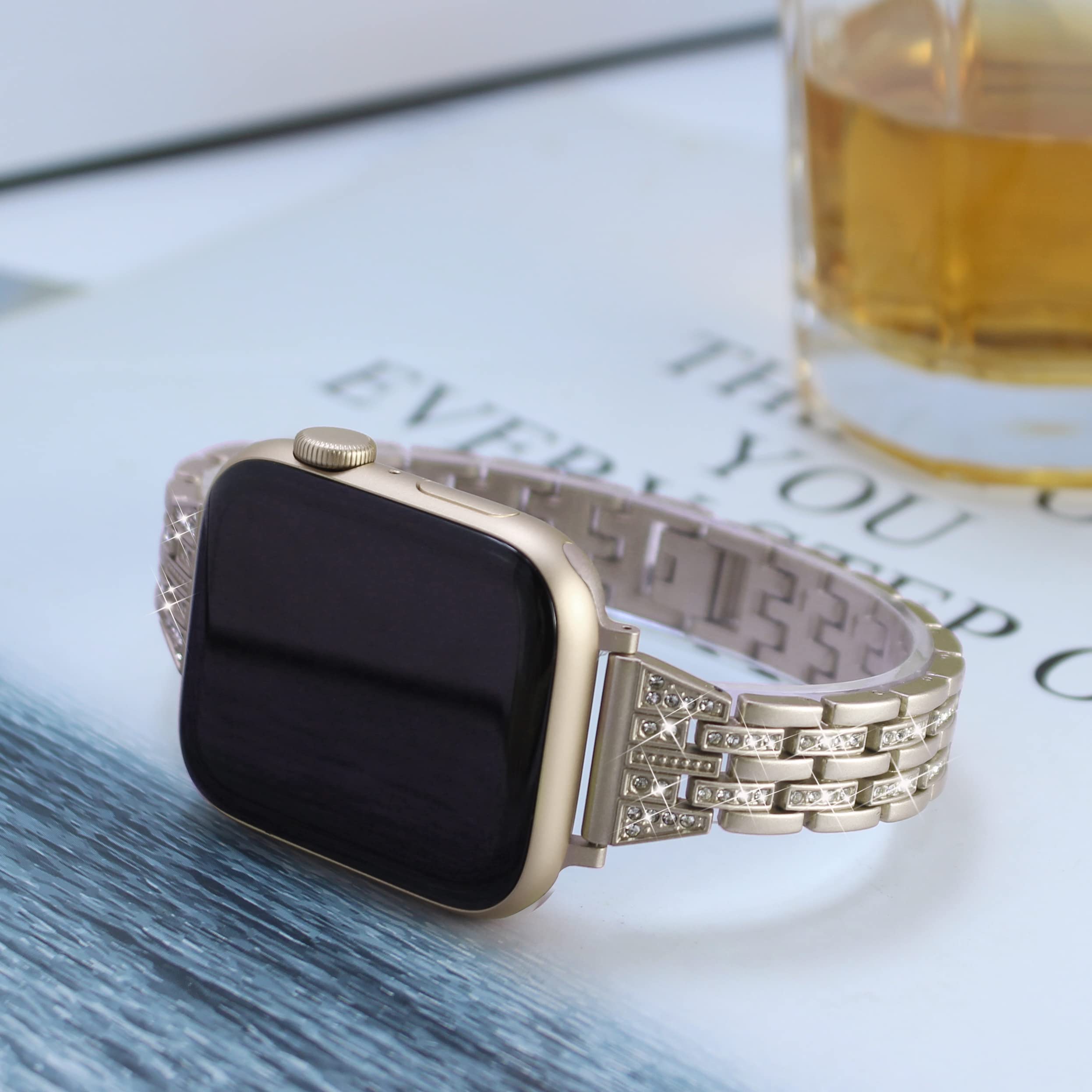 Stylish Metal Apple Watch Band for Women - Compatible with 38mm/40mm/41mm/42mm/44mm/45mm Apple Watch Series 7/6/SE/5/4/3/2/1 - Slim Rhinestone Bling Design for Everyday Wear & Special Occasions