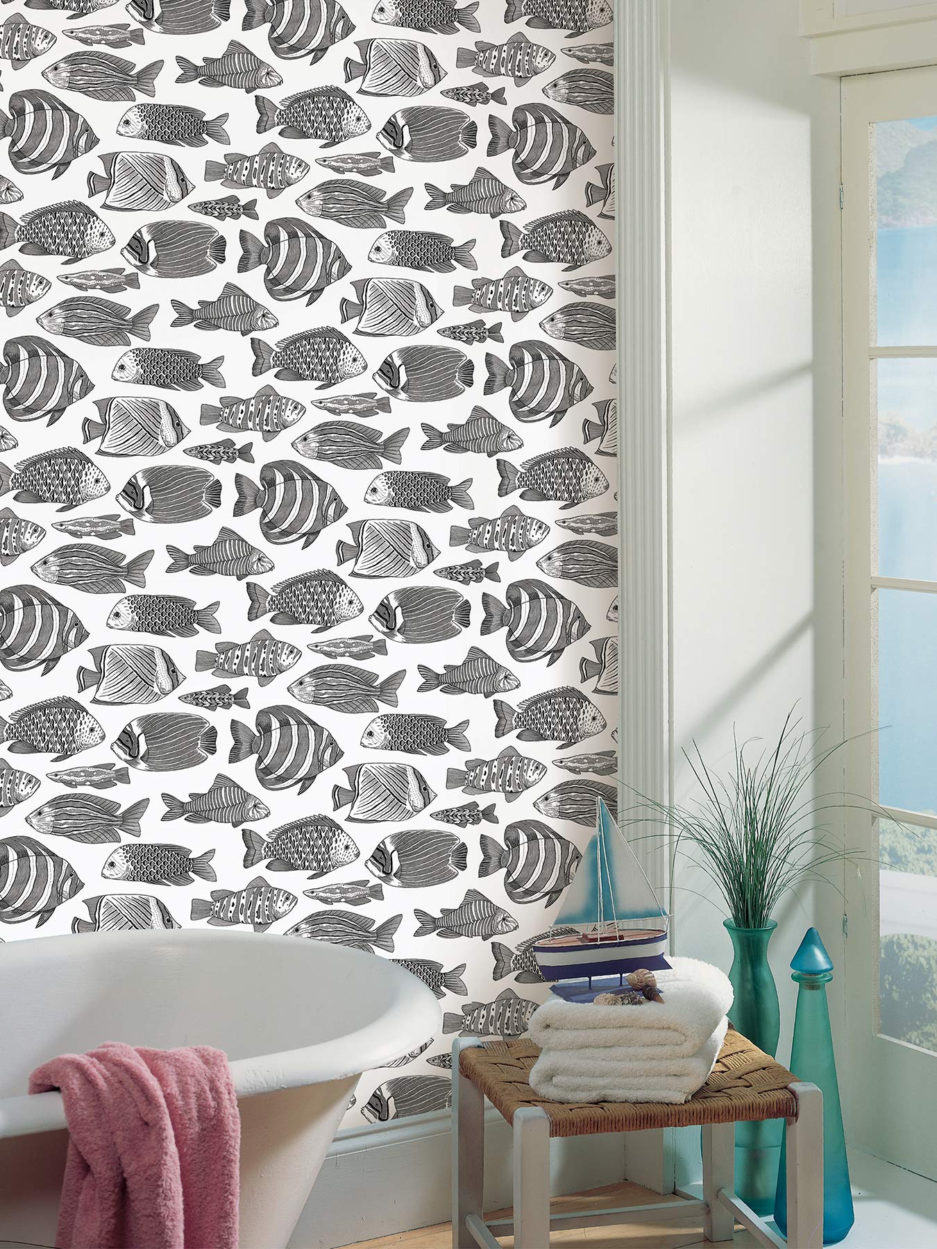 A-Street Prints Wailea Black Tropical School Wallpaper - Removable Peel and Stick Wallpaper for Classroom, Dorm, Kids Room Decor