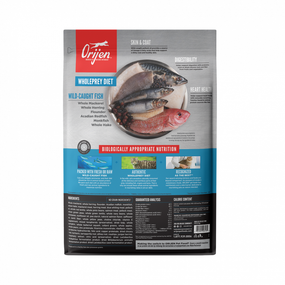ORIJEN Grain Free Six Fish Dry Cat Food - Premium High Protein Cat Food for Adult Cats - Rich in Omega-3 for Healthy Skin & Coat - Ideal for Indoor & Outdoor Cats - Perfect for Daily Meals & Weight Management