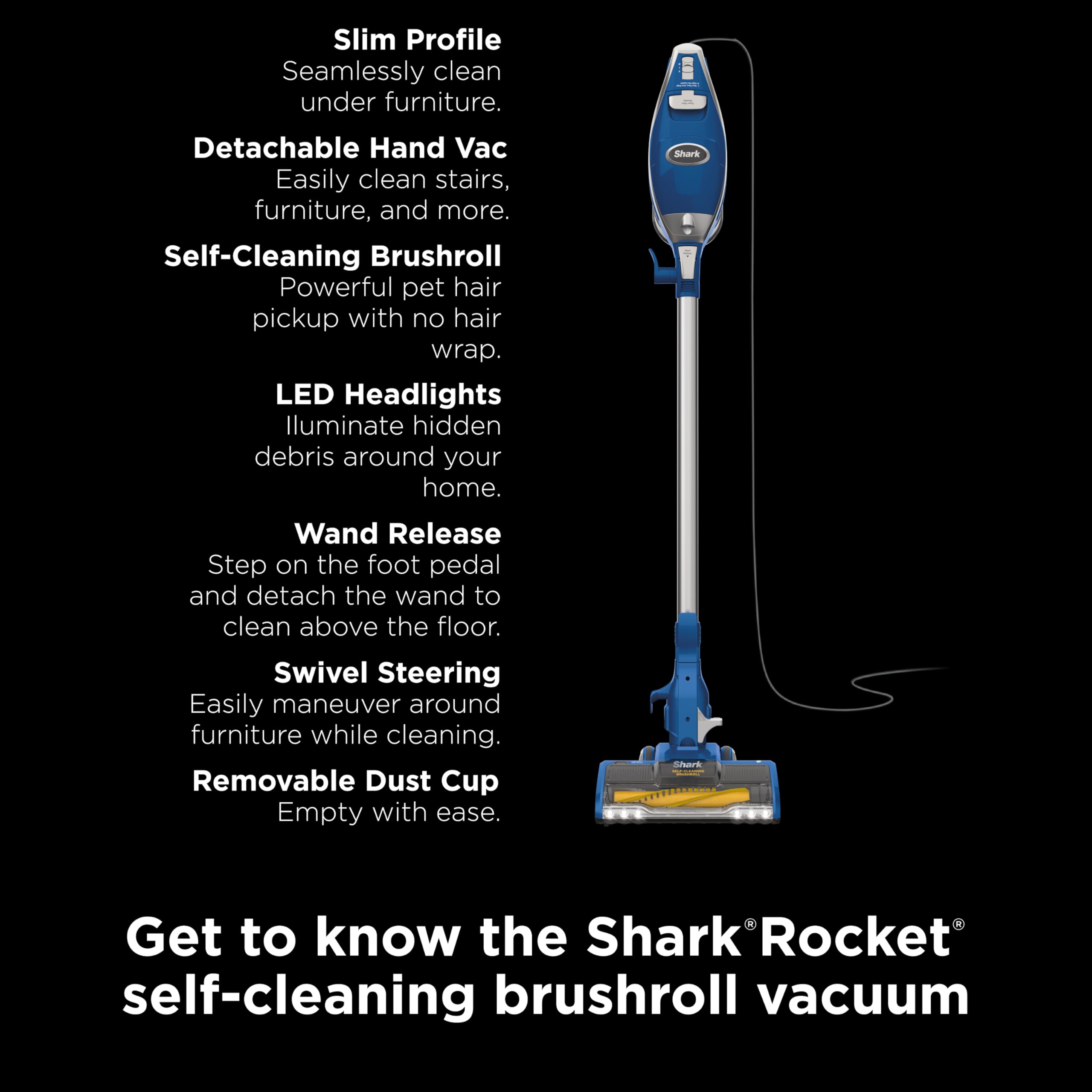 Shark HV343AMZ Rocket Corded Stick Vacuum - Lightweight, Self-Cleaning Brushroll for Pet Hair, Converts to Handheld with Crevice & Upholstery Tools (Blue/Silver) - Ideal for Hard Floors, Carpets & Pet Owners