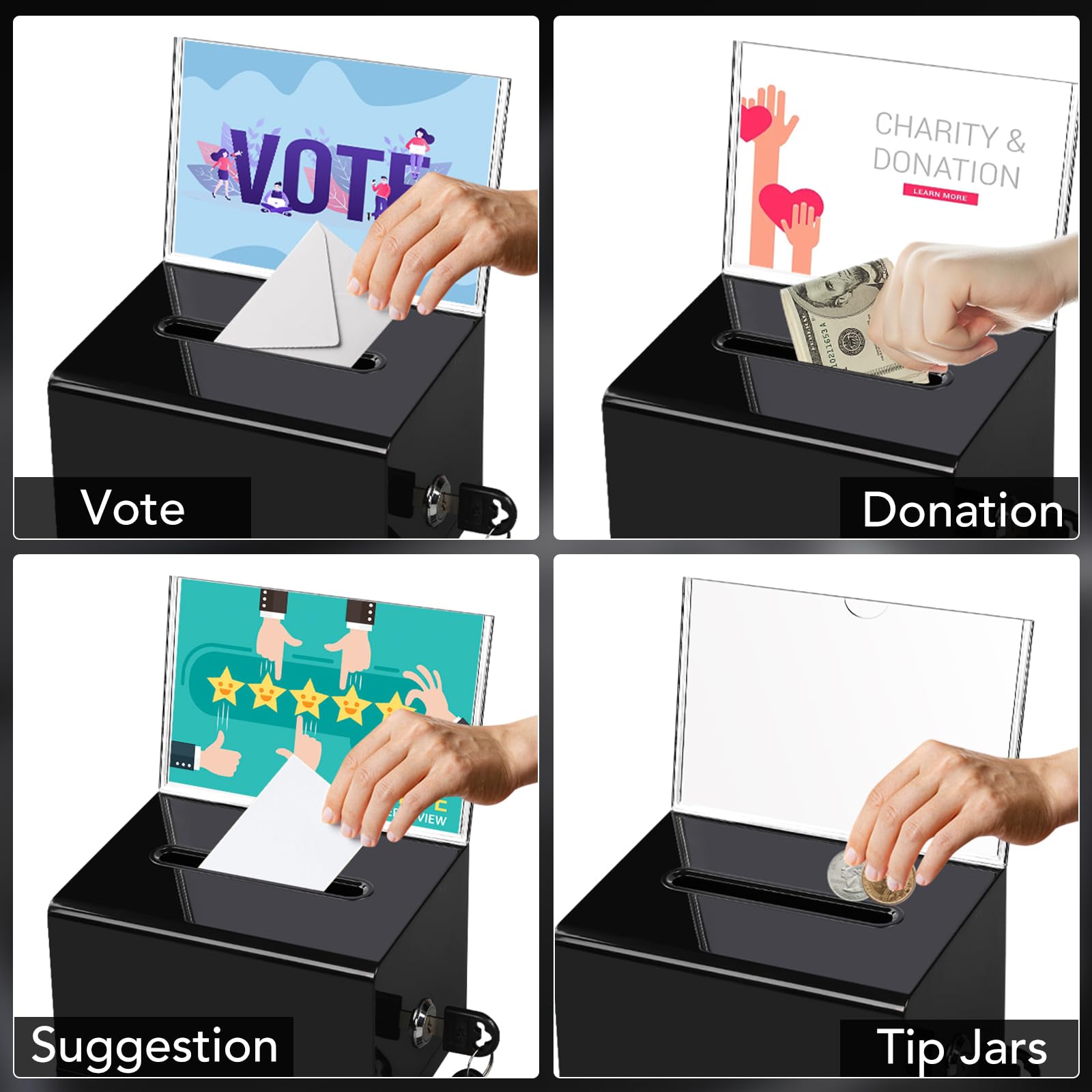 VOISEN Lockable Acrylic Donation Box with Sign Holder - 6.2x4.6x3.9 Inch Secure Ballot Box for Fundraising, Voting, Schools, Bars & Charity Events - Ideal for Cash Donations, Suggestions & Community Voting