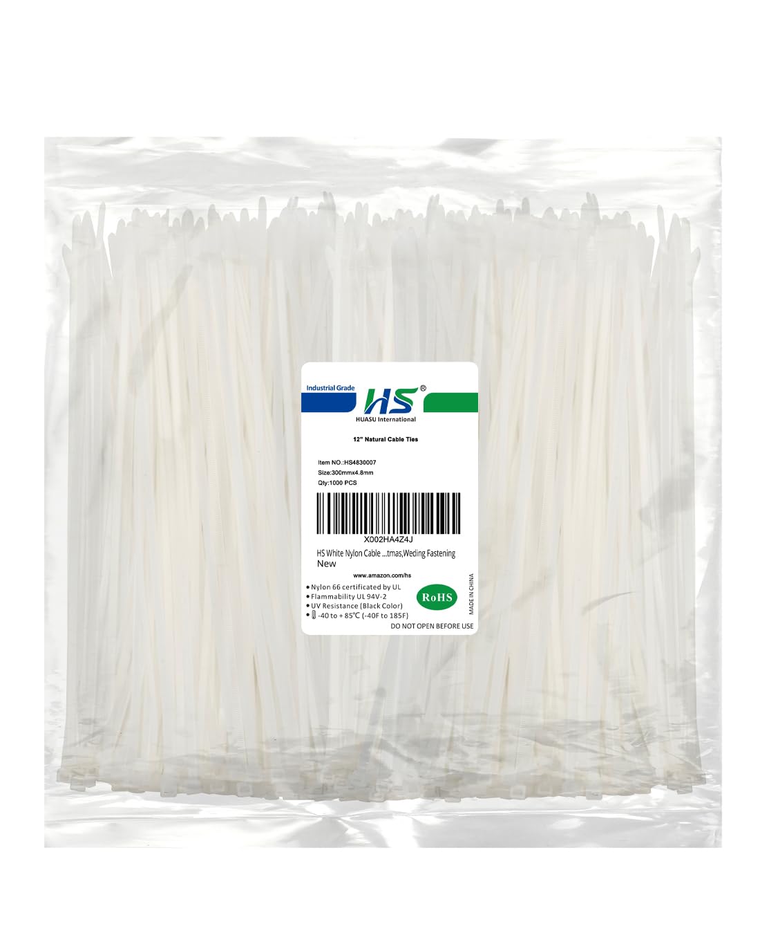 HS White Nylon Cable Ties 12 Inch (1000 Pack) - Heavy Duty 50 LBS Clear Zip Ties for Electrical Wiring, Christmas Decorations, Wedding Fastening - Secure Bundling, Organizing Cables & DIY Projects