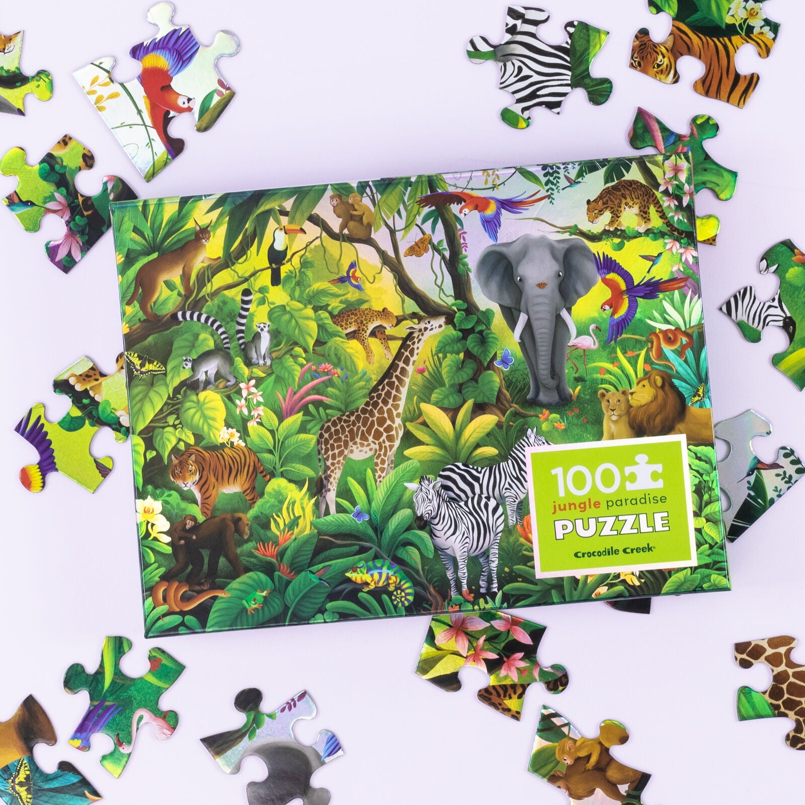 Crocodile Creek Holographic 100-Piece Jungle Paradise Puzzle | Colorful Animal Jigsaw for Kids & Adults | Perfect for Family Game Night & Educational Play