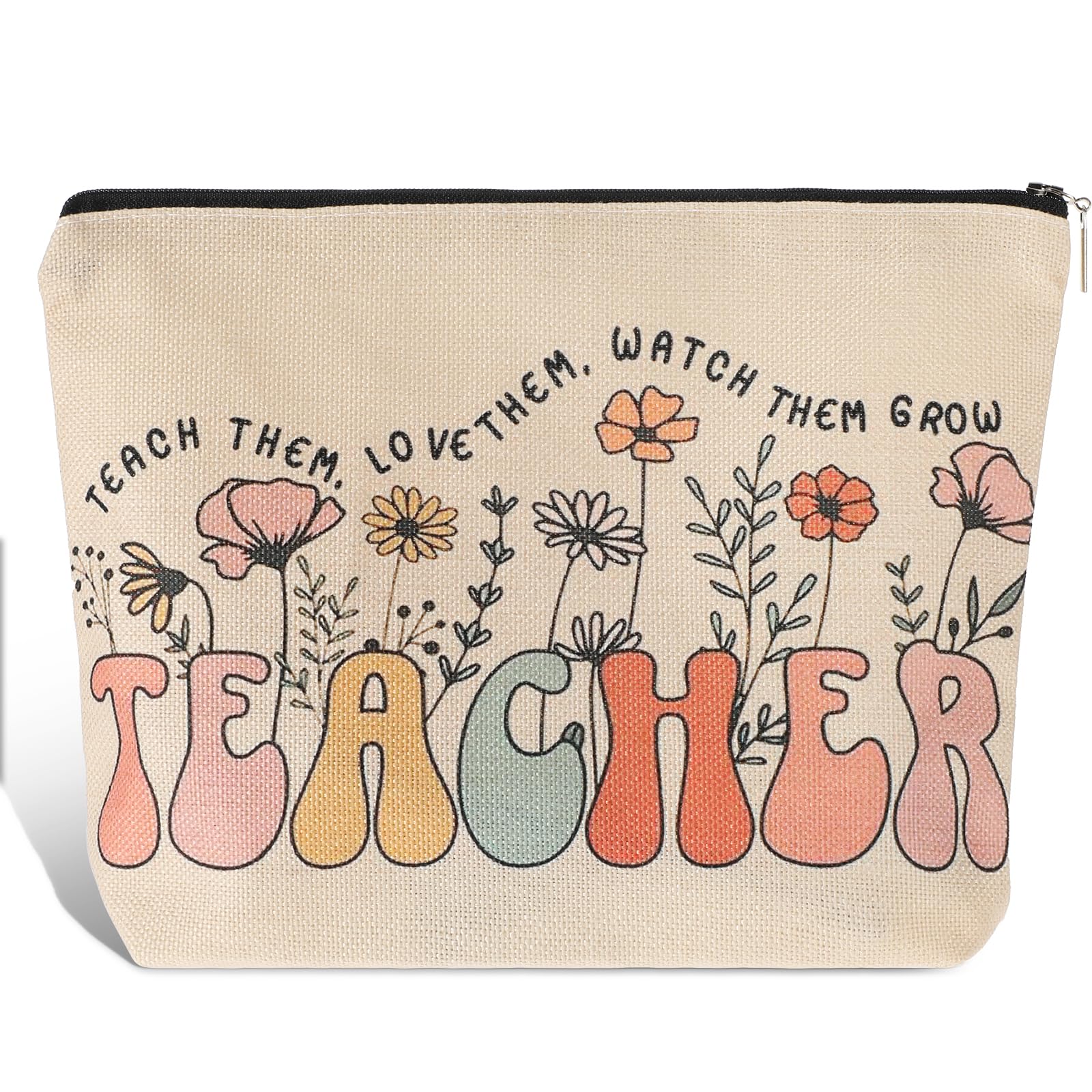 Vintage 70s 80s Floral Makeup Bag for Teachers - Wildflower Cosmetic & Toiletry Travel Bag with Pencil Pouch | Perfect Teacher Gift for Retirement, Birthday, Appreciation | Great for Classroom, Travel, and Daily Use