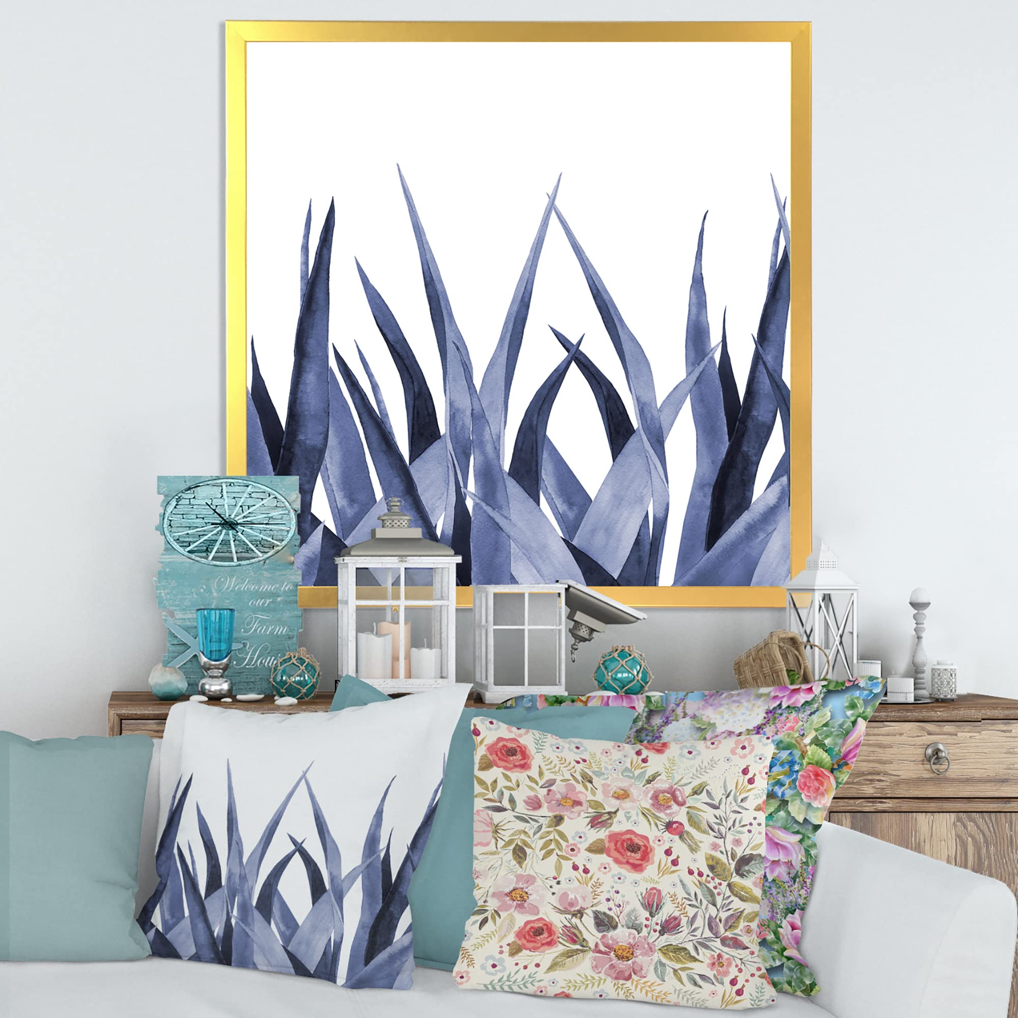 Navy Blue Agave Leaves Framed Wall Art - Traditional Mexican Home Decor for Living Room, Bedroom & Office