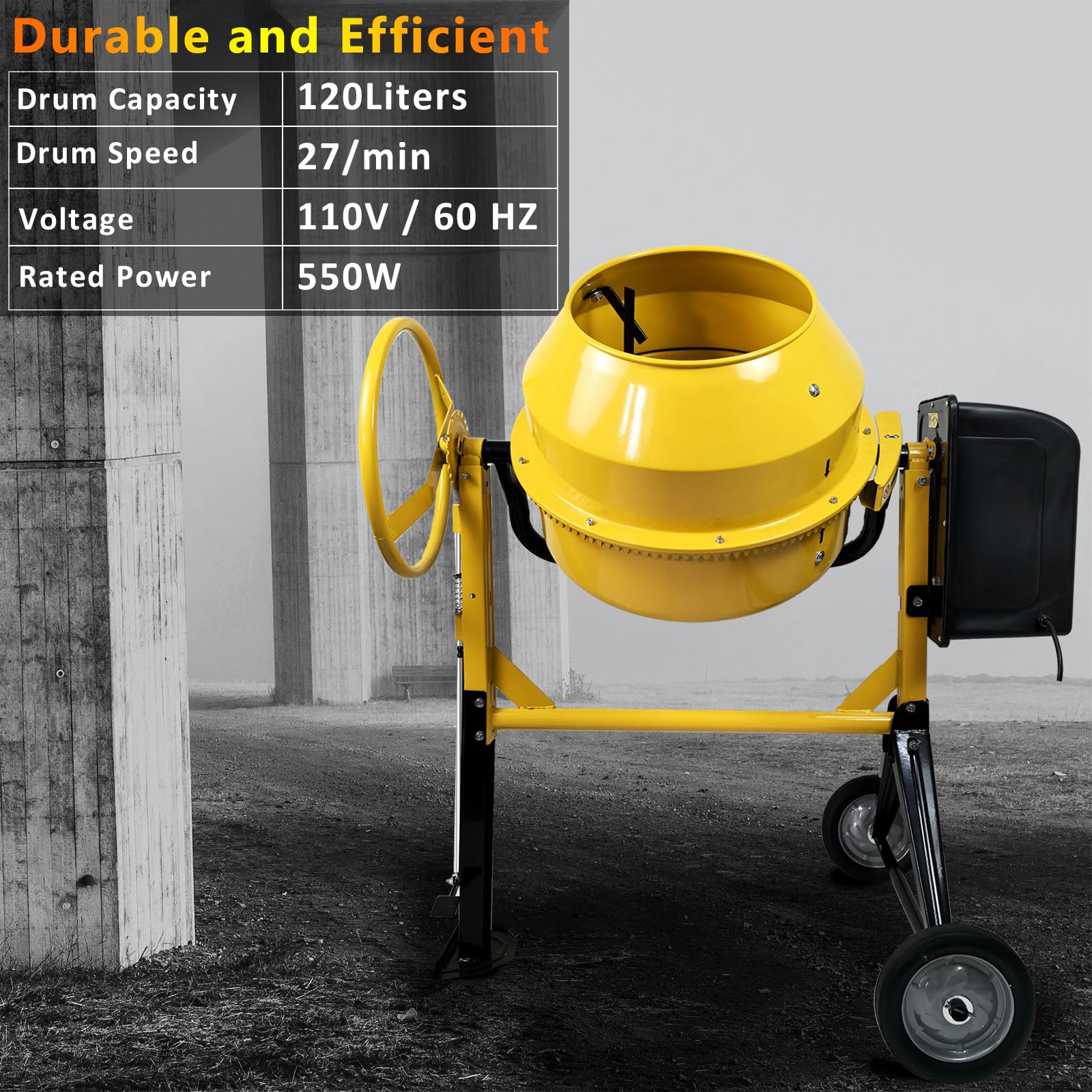 4.2 Cu Ft Portable Electric Concrete Cement Mixer with Wheels - 3/5 HP Motor & 120L Freestanding Barrow - Ideal for Stucco, Mortar, and DIY Construction Projects - Perfect for Home Renovation, Garden Work, and Small Building Jobs