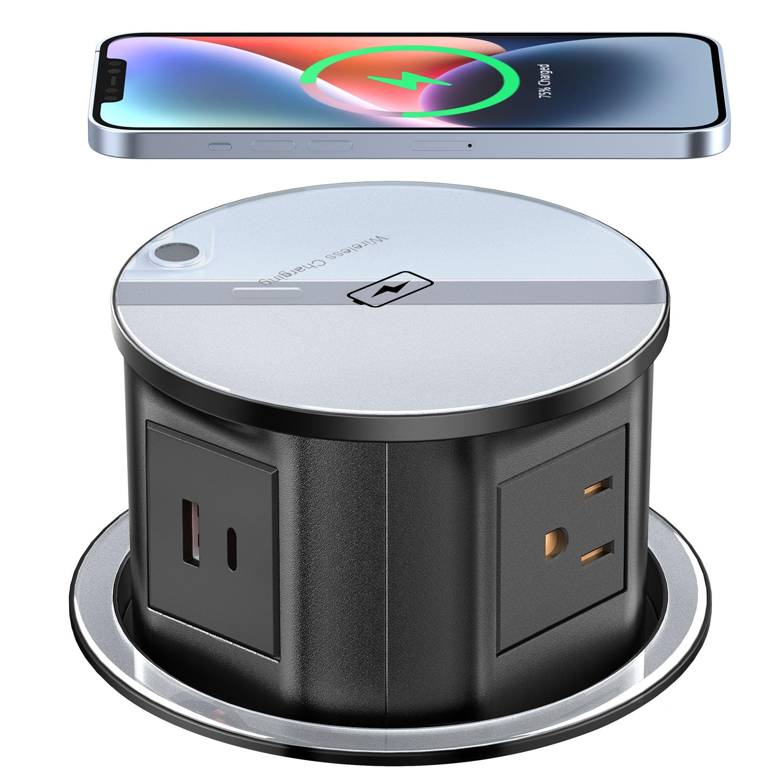 Pop Up Outlet with 15W Wireless Charger - 4 AC Outlets, 1 USB-A & 1 USB-C Port - Retractable Recessed Power Strip for Kitchen Countertop, Office Desk - 4.7 Inch Hidden Electrical Socket (Black) - Perfect for Charging Phones, Laptops & Small Appliances