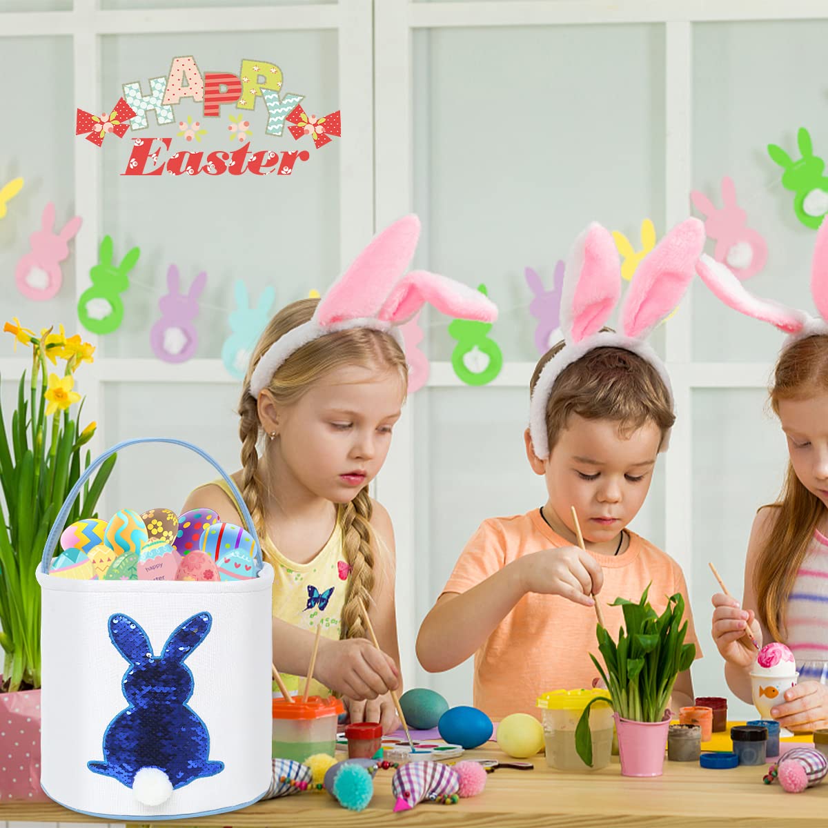 Easter Bunny Basket Bag for Kids - Sequin Rabbit Pattern Egg Hunt Bag with Fluffy Tail - Personalized Canvas Cotton Bucket for Easter Eggs, Candy & Gifts (Blue) - Perfect for Easter Egg Hunts, Party Favors & Spring Celebrations