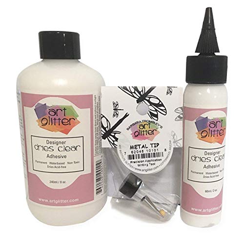 Art Institute Glitter Designer Dries Clear Adhesive Glue Kit - 3 Items (8oz, 2oz & Metal Tip) for DIY Crafts, Scrapbooking, and Jewelry Making