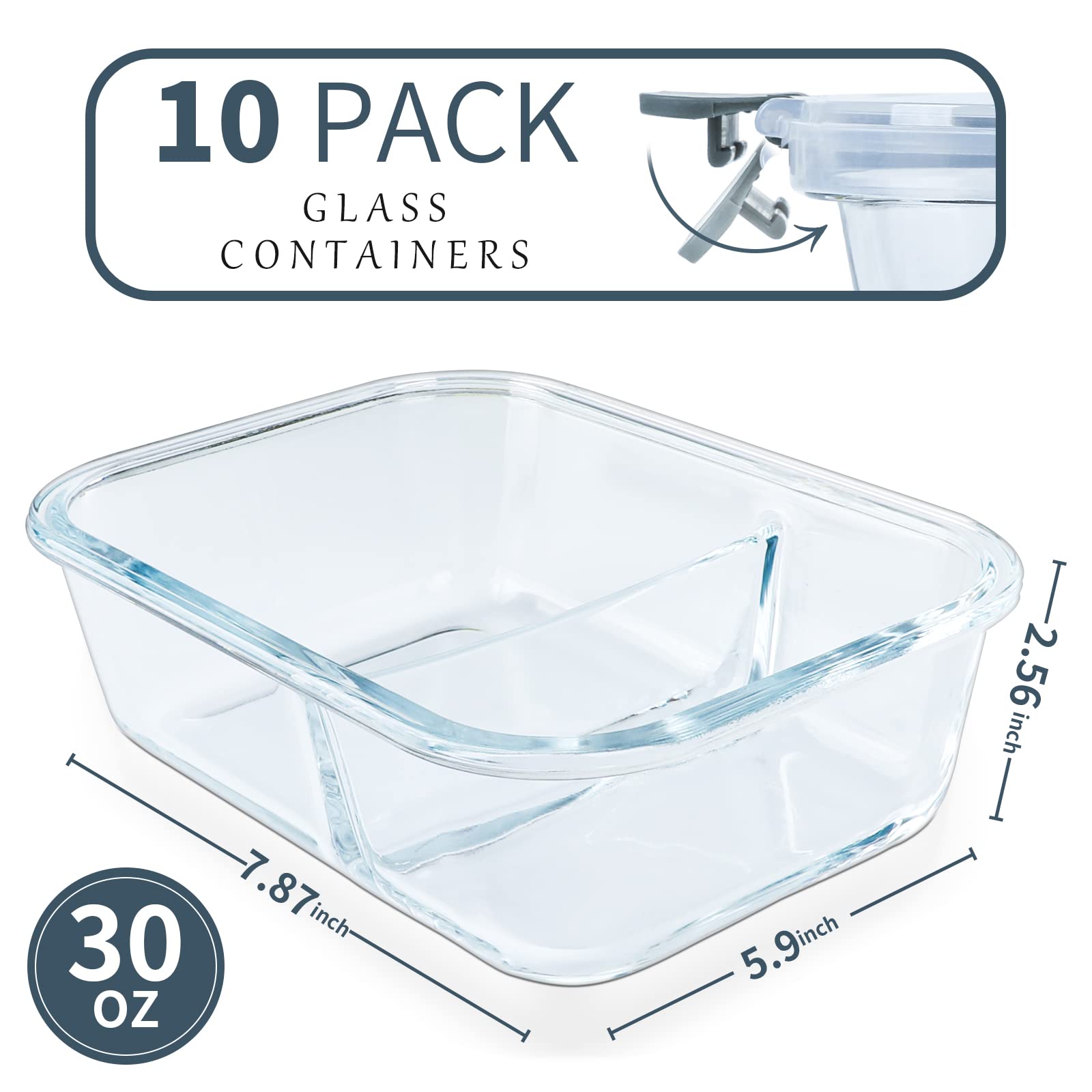 10-Pack 30oz Glass Meal Prep Containers with Lids - 2 Compartment Airtight Food Storage Containers | Microwave, Oven, Freezer & Dishwasher Safe | Perfect for Meal Prepping, Lunches, Leftovers & Office Bento Boxes