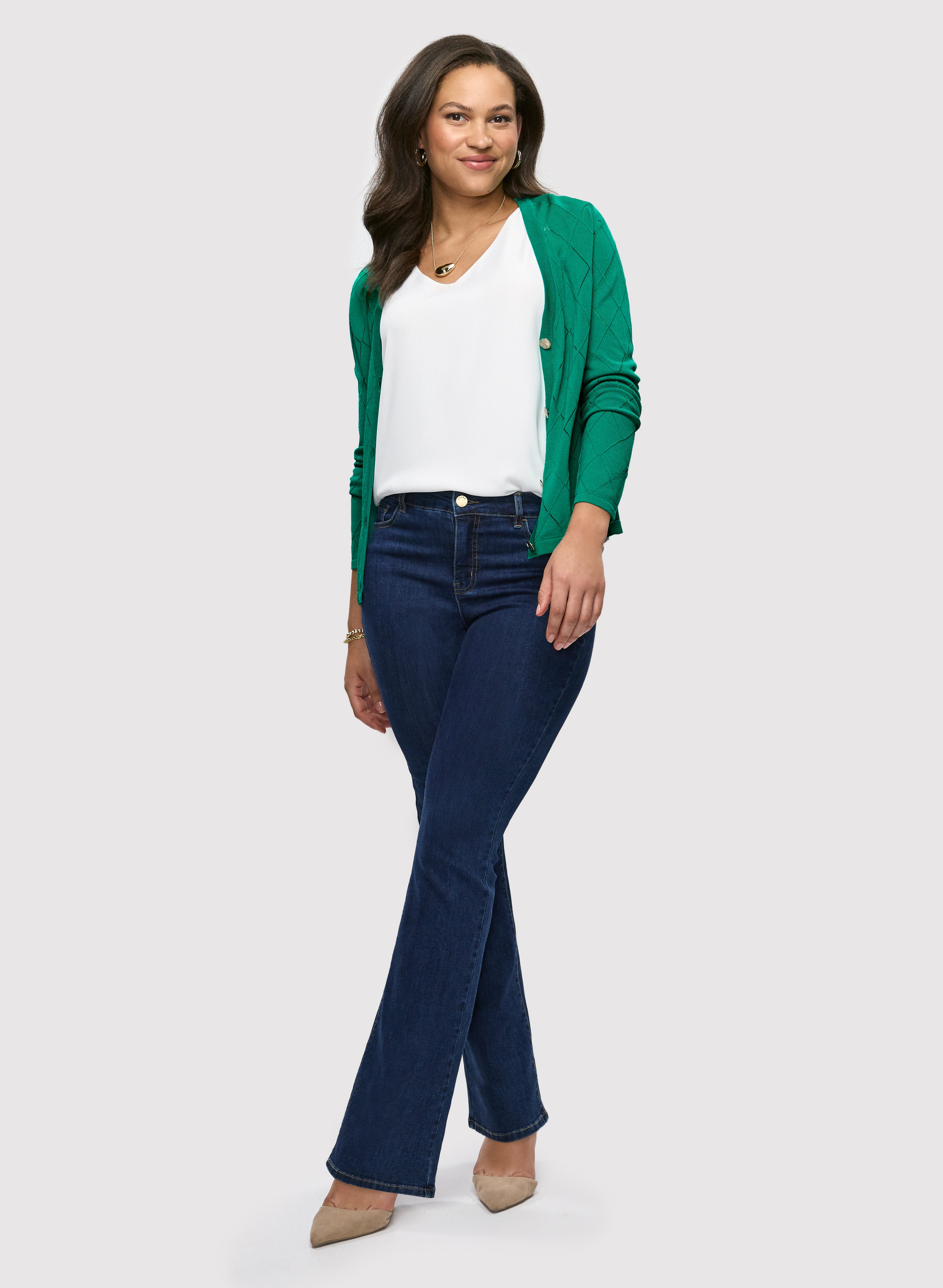 Diamond Motif Pointelle Knit Cardigan & Bootcut Jeans Set - Women's Elegant Lace Knitwear and Flared Denim Outfit for Casual Wear, Office, and Date Nights