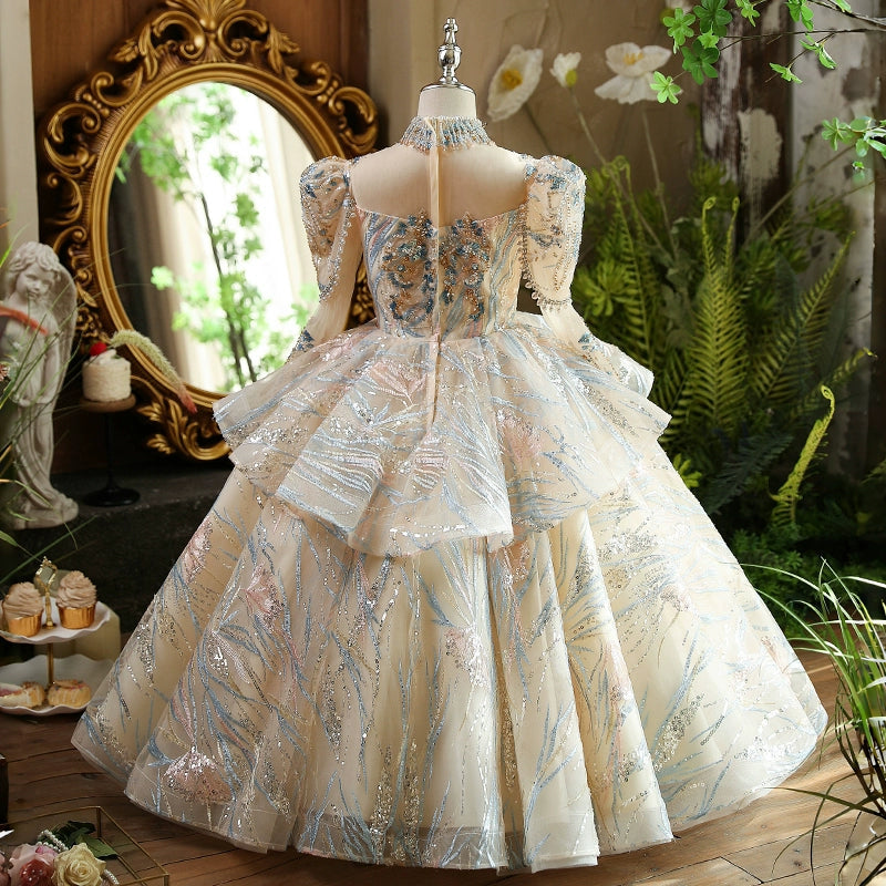 Elegant Champagne A-Line Flower Girl Dress with Lace & Cold Shoulder - Perfect for Weddings, Parties & Special Occasions