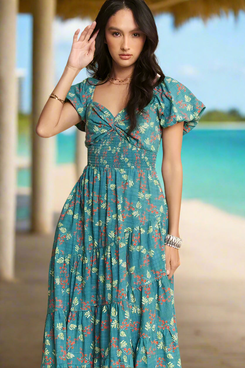Teal Sweetheart Neck Cap Sleeve Maxi Dress for Women - Elegant Beach Wedding Resort Wear, Perfect for Vacations, Parties & Summer Outings