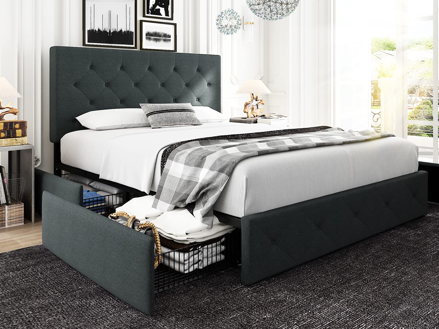 Hoomic Queen Size Platform Bed Frame with 4 Storage Drawers & Adjustable Headboard - Diamond Stitched Upholstered Bed Foundation with Wood Slat Support, No Box Spring Required, Dark Grey - Perfect for Small Bedrooms, Guest Rooms & Modern Apartments