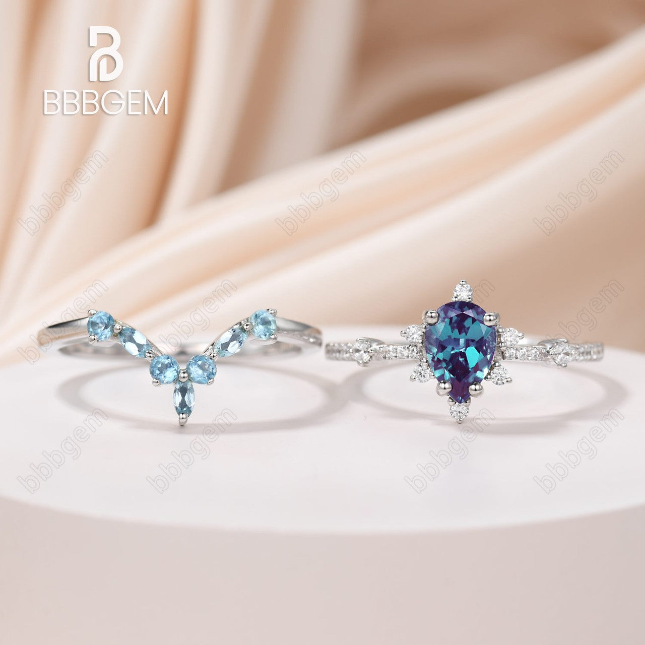 Exquisite Pear Cut Alexandrite Engagement Ring with Curved Topaz Matching Band - Perfect for Proposals, Anniversaries & Special Occasions