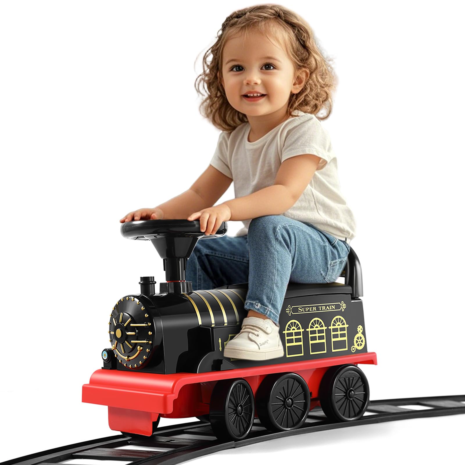 JOYLDIAS 3-in-1 Electric Ride On Train Toy for Kids with 16pcs Curved Tracks, Lights & Horns - 6V Battery Powered Toddler Train with Storage & Retractable Foot Pedals - Perfect Indoor/Outdoor Play for Children Under 39 Inches (Black)