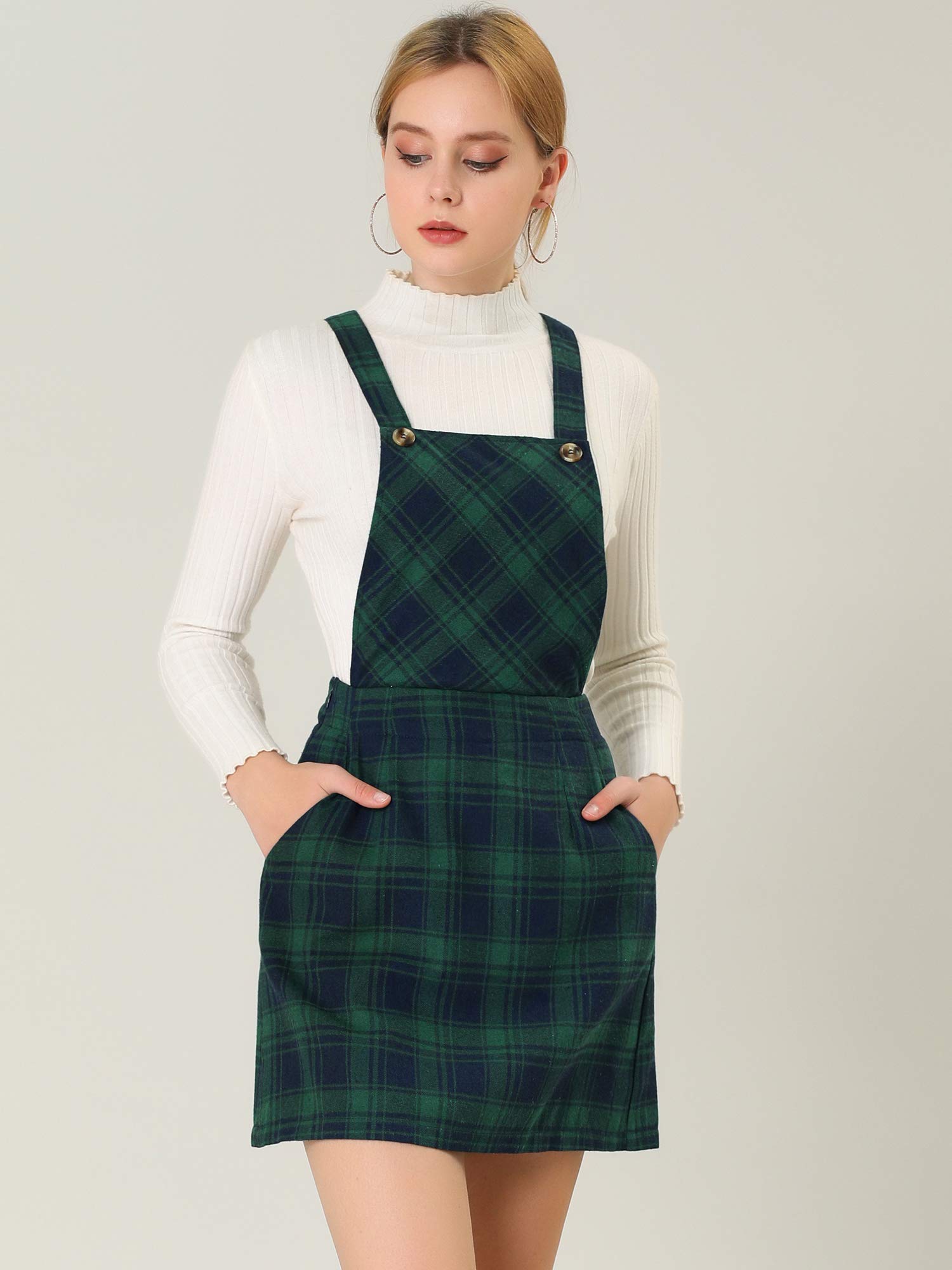Allegra K Women's Plaid Adjustable Strap Pinafore Mini Dress - Stylish Bib Overalls & Suspender Skirt for Casual Outings, Date Nights & Spring Fashion
