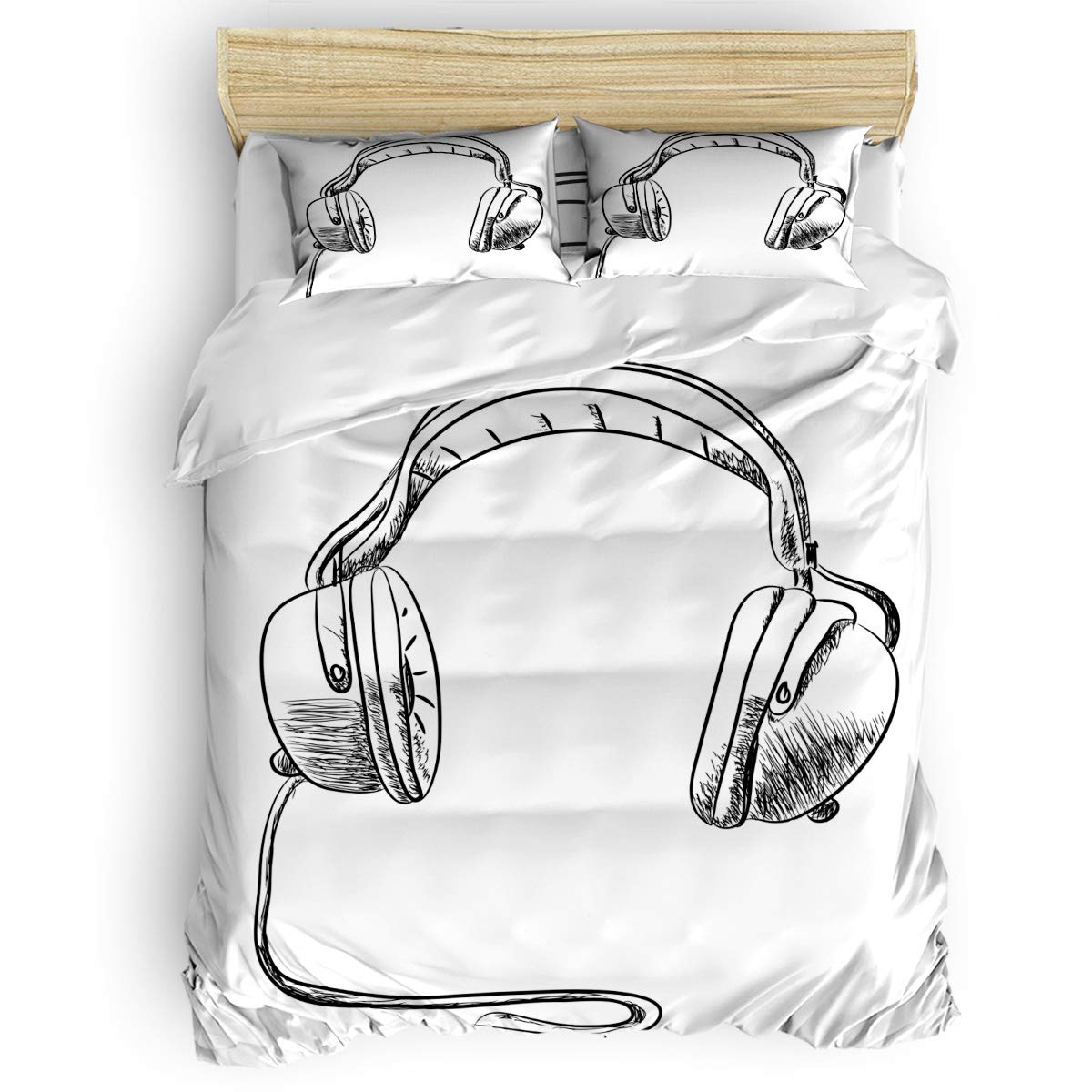 Premium 4-Piece Black and White Headphones Pattern Duvet Cover Set - Soft Twill Plush Bedding with 1 Duvet Cover, 1 Flat Sheet & 2 Pillowcases - Full Size for Adults, Teens, Kids Boys & Girls - Perfect for Music Lovers' Bedroom, Dorm Room or Gift