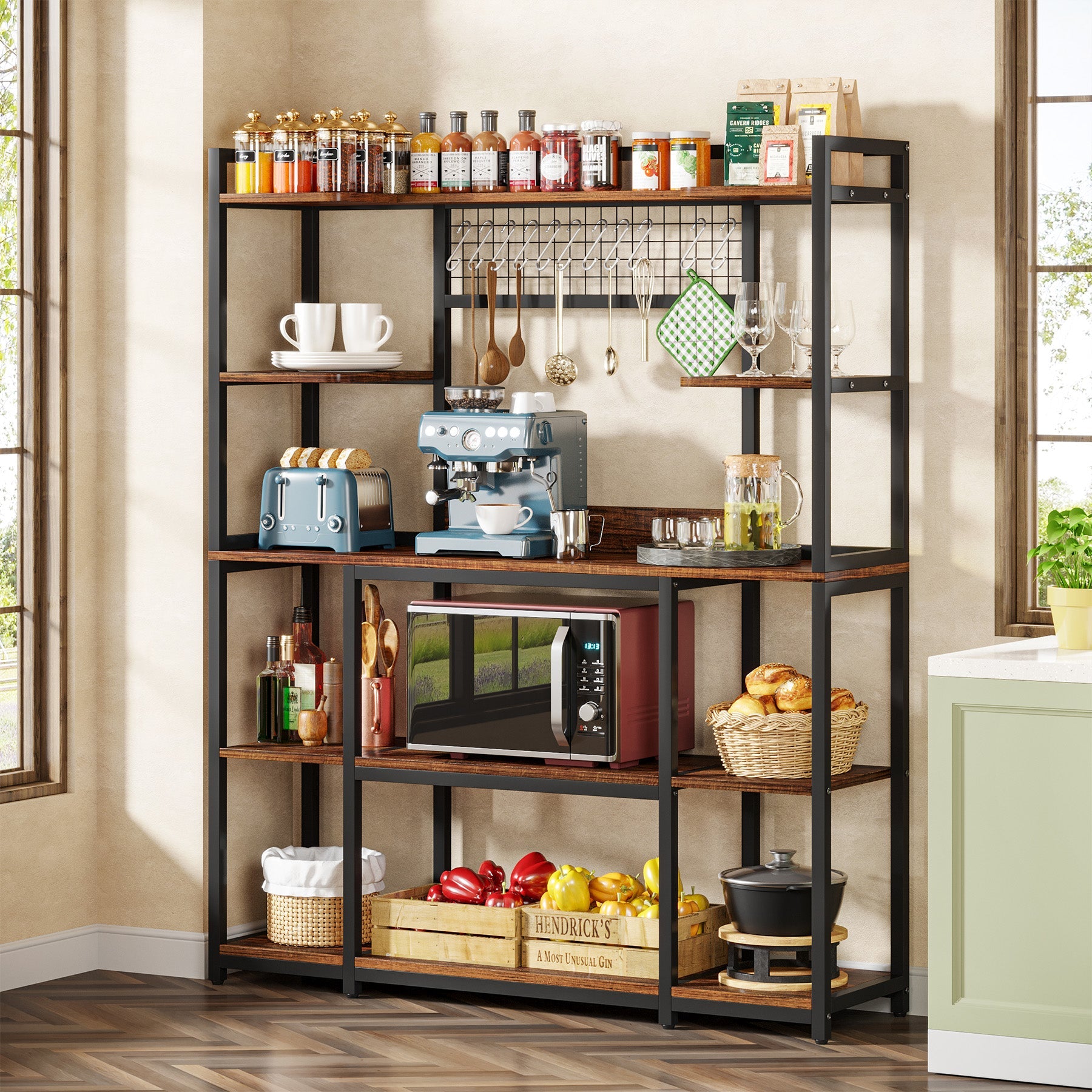 5-Tier Kitchen Baker's Rack with 11 Hooks - 55 Inch Wide Metal Storage Shelf for Spices, Cookware & Baking Supplies - Perfect for Pantry, Garage & Small Space Organization