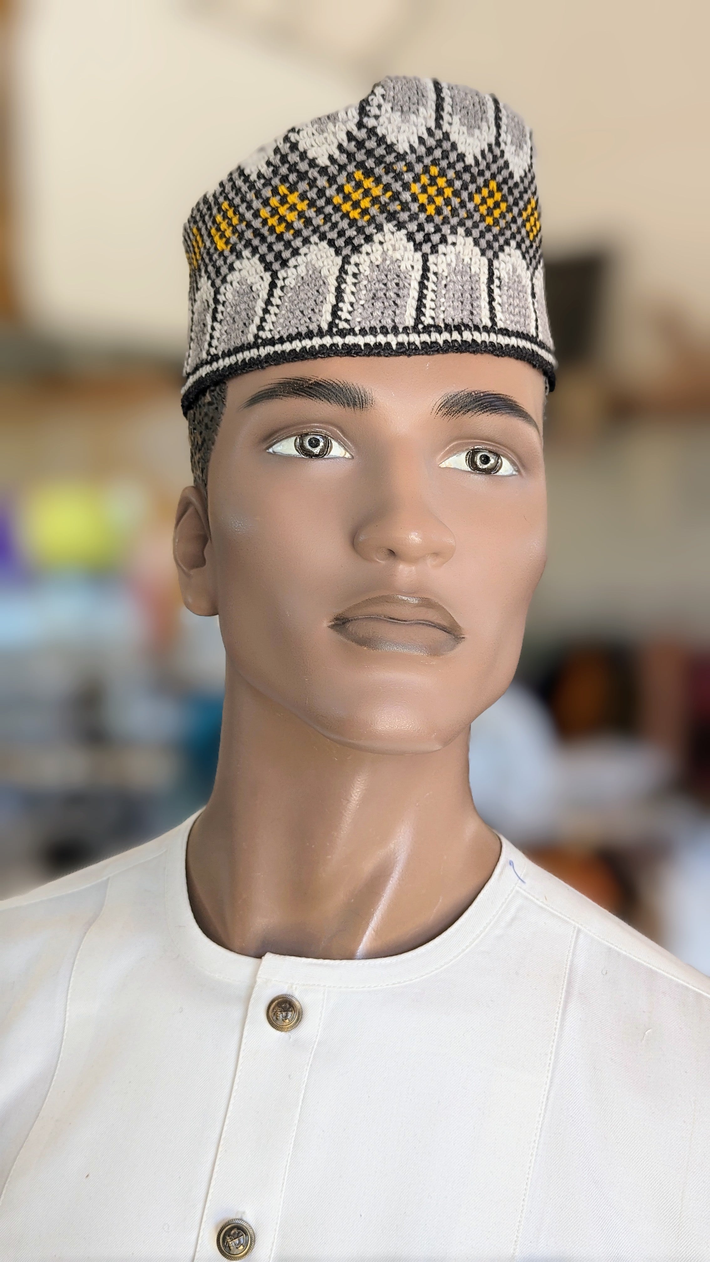 Handwoven African Mallam Gaskiya Kufi Cap - Off White, Grey & Gold - Traditional Muslim Hat for Men - Perfect for Eid, Weddings & Cultural Events