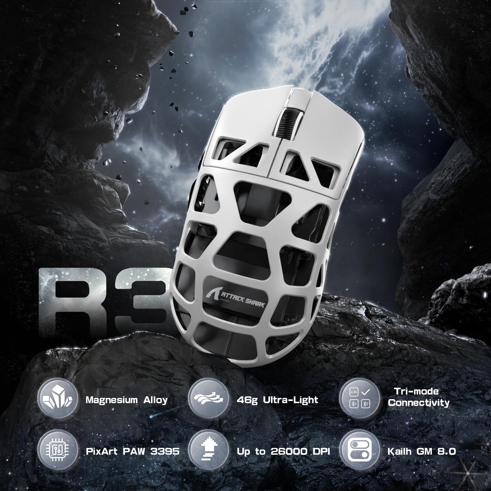 ATTACK SHARK R3PRO 46g Ultra-Light Magnesium Alloy Wireless Gaming Mouse - 8000Hz Polling Rate, 26000DPI, PixArt PAW3395 Sensor, 2.4G/BT/Wired Connectivity, Programmable Buttons with Coiled Cable for PC & Mac (White) - Perfect for FPS, MOBA & Esports Gaming