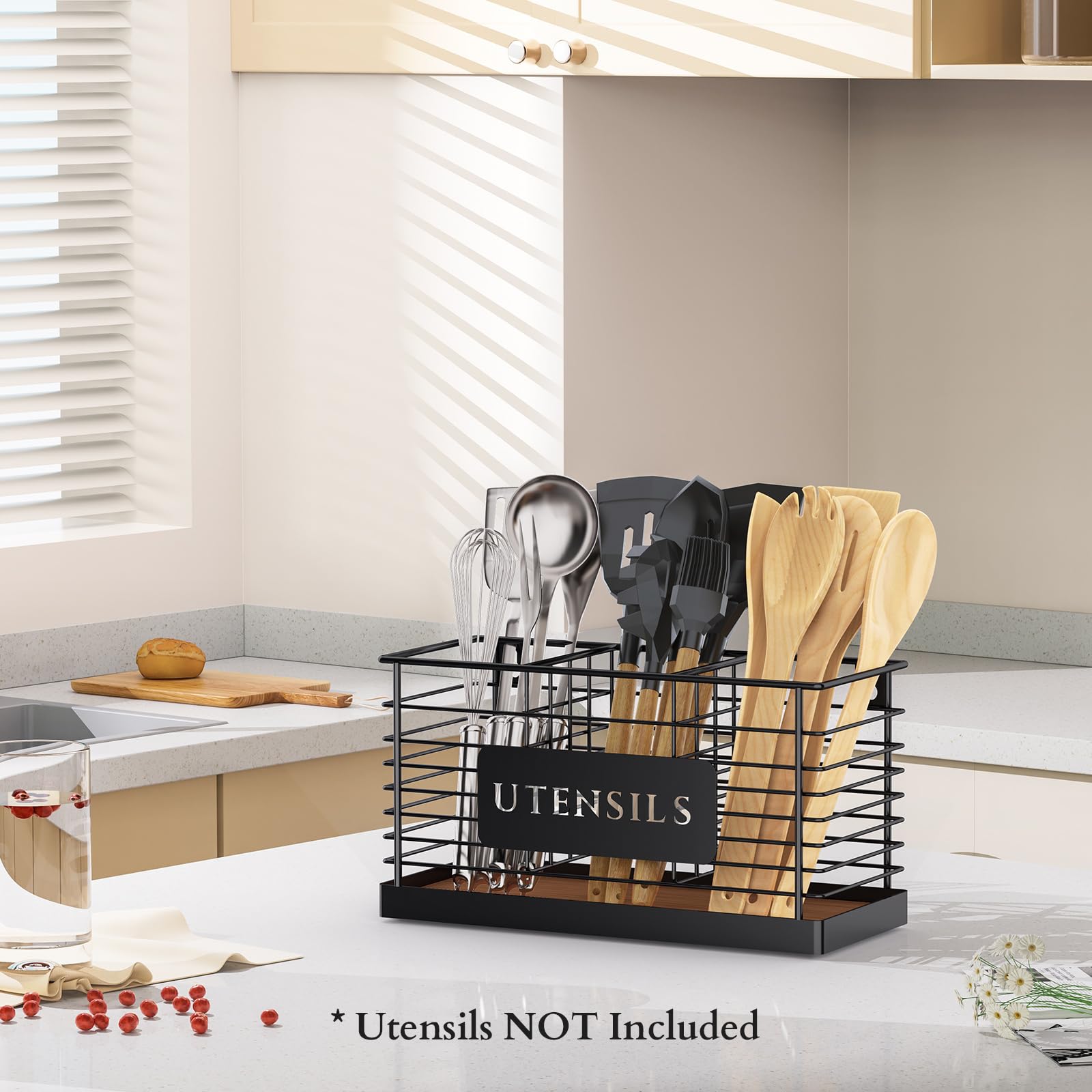 THYGIFTREE Large Black Metal Utensil Holder for Kitchen Counter - 3 Compartment Cooking Tool Organizer with Wood Base | Perfect for Spatulas, Ladles & Kitchen Utensils - Ideal for Countertop Organization & Easy Access While Cooking