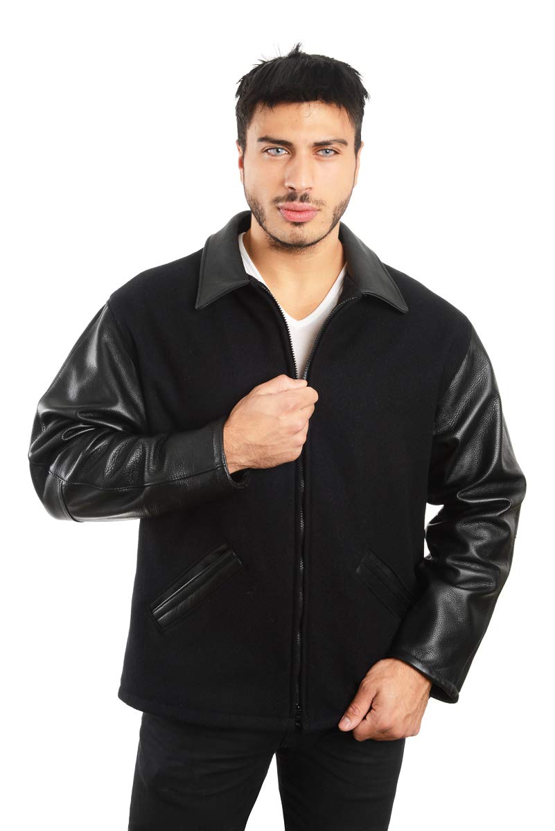 Premium Straight Bottom Leather Wool Jacket for Men - Handcrafted in USA - Ideal for Winter Outdoor Activities & Casual Wear