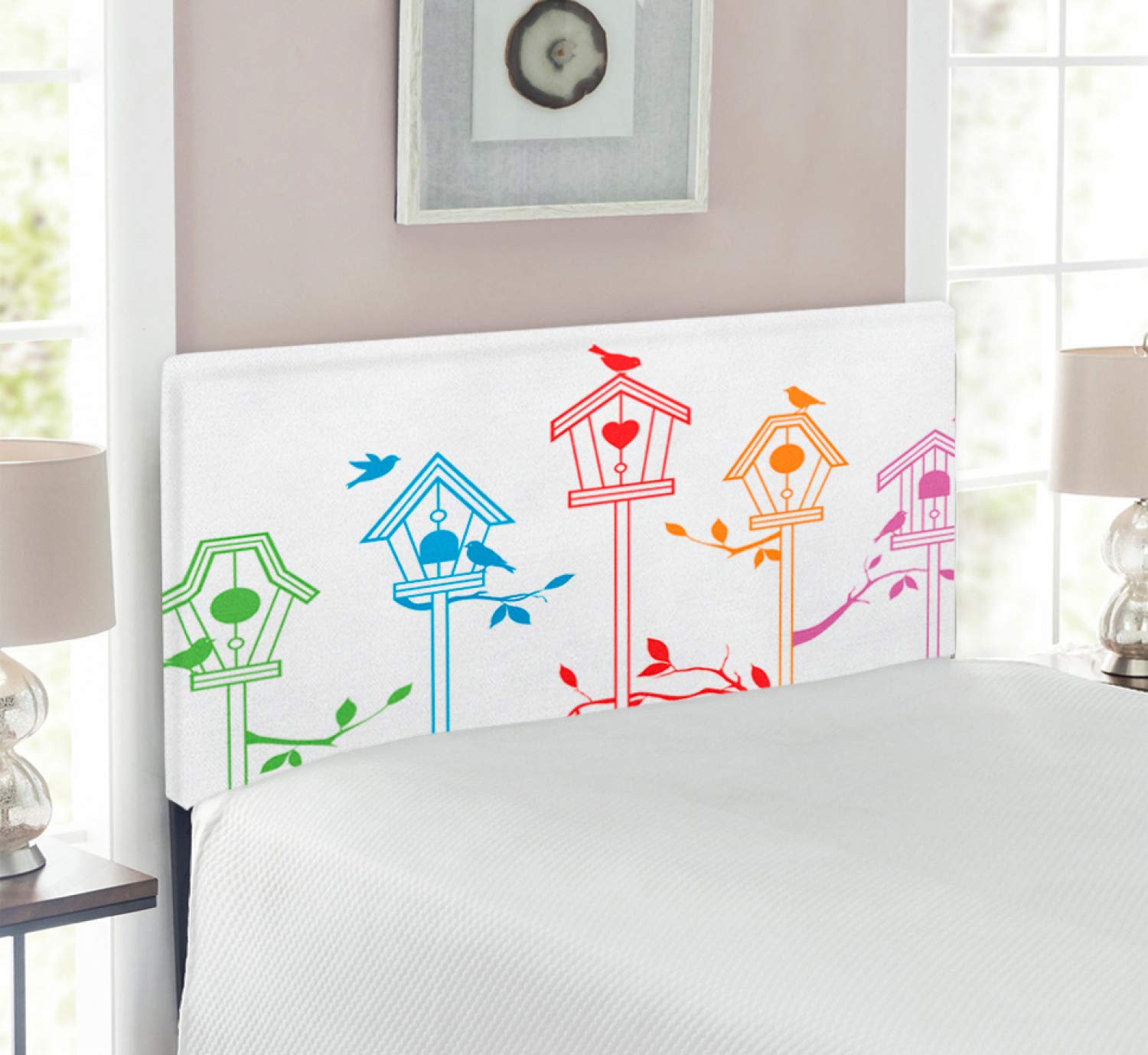 Ambesonne Twin Size Upholstered Decorative Metal Headboard with Memory Foam - Colorful Bird Houses Nest with Flying Birds Design, Animal Life Theme - Perfect for Bedroom Decor, Kids Room, and Nature-Inspired Home Interiors
