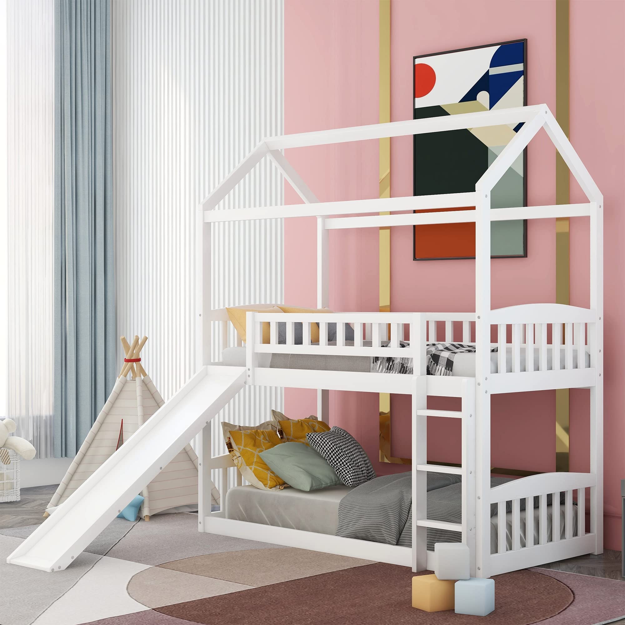 Bellemave Twin Over Twin Bunk Bed with Slide - Kids Playhouse Bunk Bed for Boys & Girls - Fun & Safe Toddler Bedroom Furniture (White) - Perfect for Small Spaces, Shared Rooms & Play Areas
