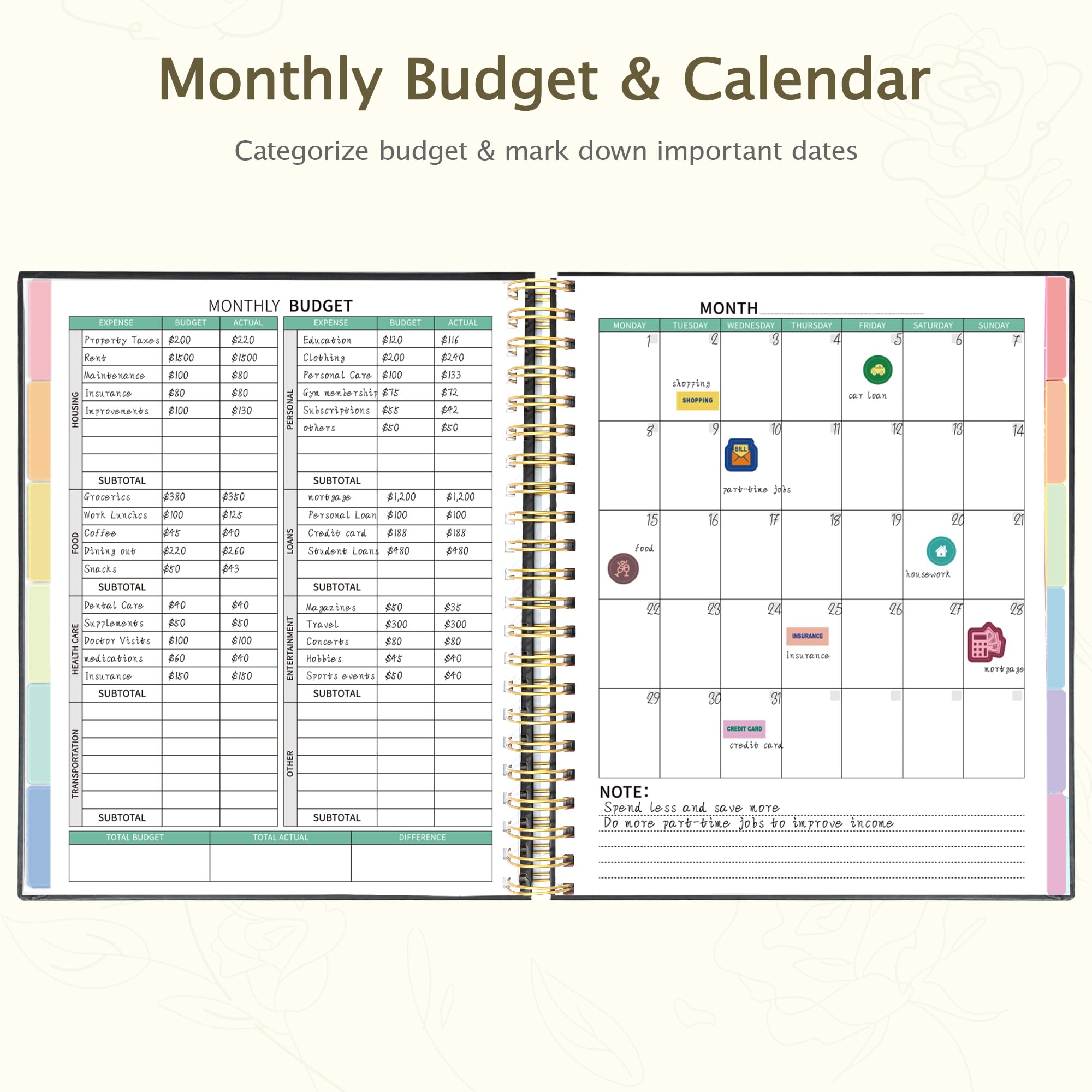 Ospelelf 2025 Budget Planner - Spiral Monthly Bill Organizer with Stickers, 8.5 x 11 Inch Undated Financial Planner | Expense Tracker Notebook with 12 Pockets & Zipper Pouch (Black) - Perfect for Personal Finance Management, Bill Tracking & Savings Goals