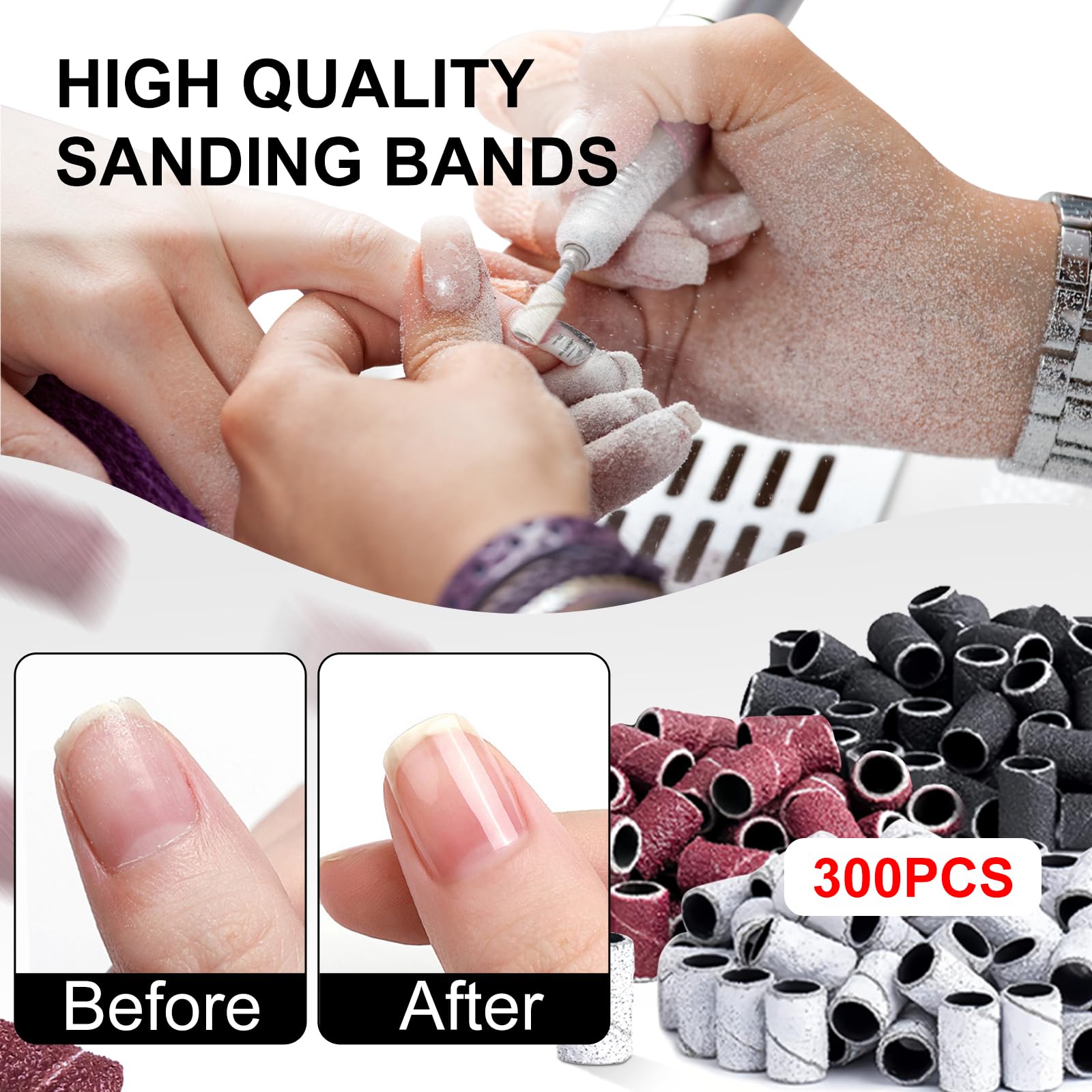 300Pcs Sanding Bands for Nail Drill - Professional Grits #80 #150 #240 Electric File Nail Sanders with 3/32