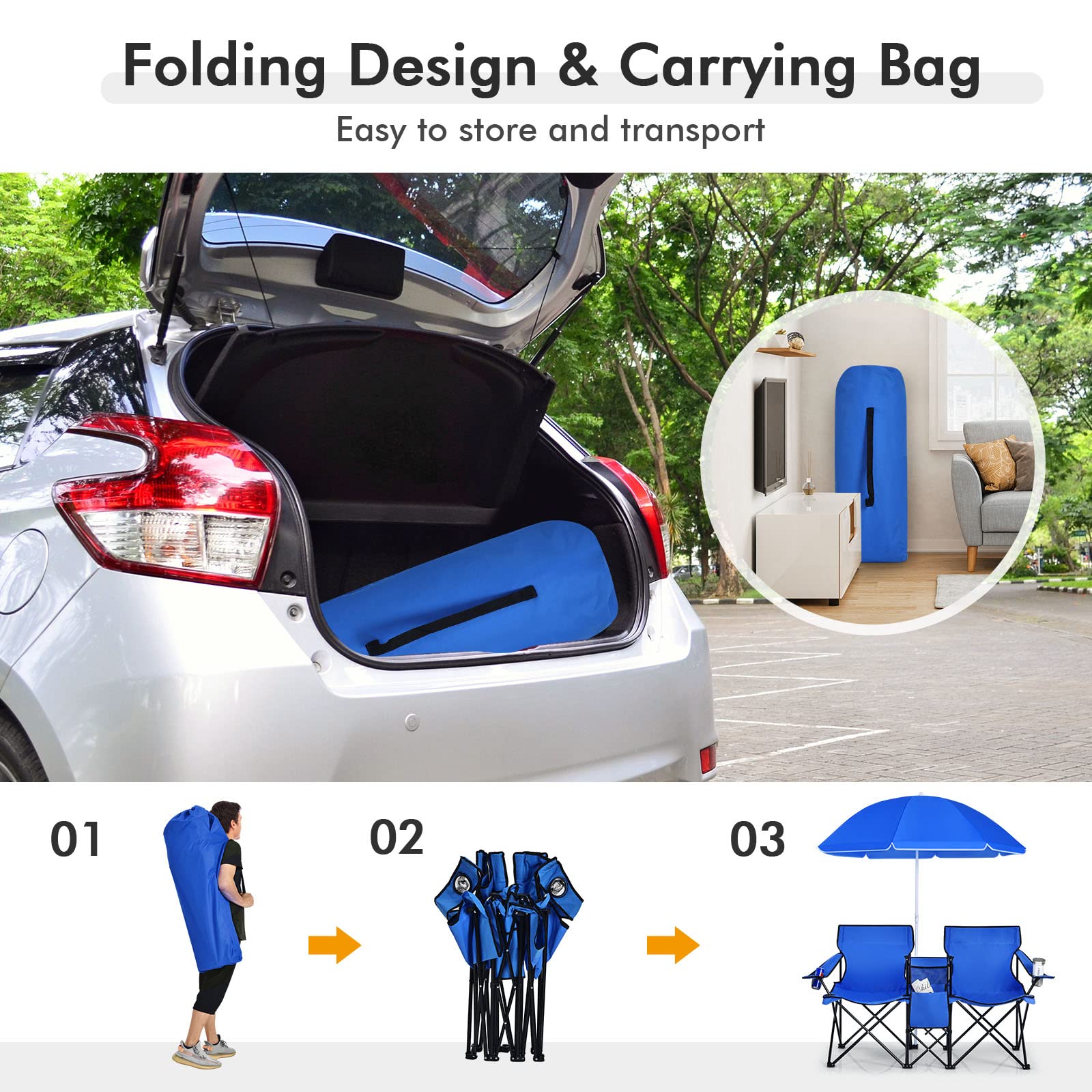 **LUARANE Folding Double Camping Chair with Removable Umbrella & Mini Table - Portable Outdoor Loveseat for Picnics, Beach, Pool, Park, and Backyard - Includes Cup Holder & Carrying Bag (Blue)**    **Perfect for Couples, Beach Lounging, Camping Trips, and Outdoor Gatherings!**