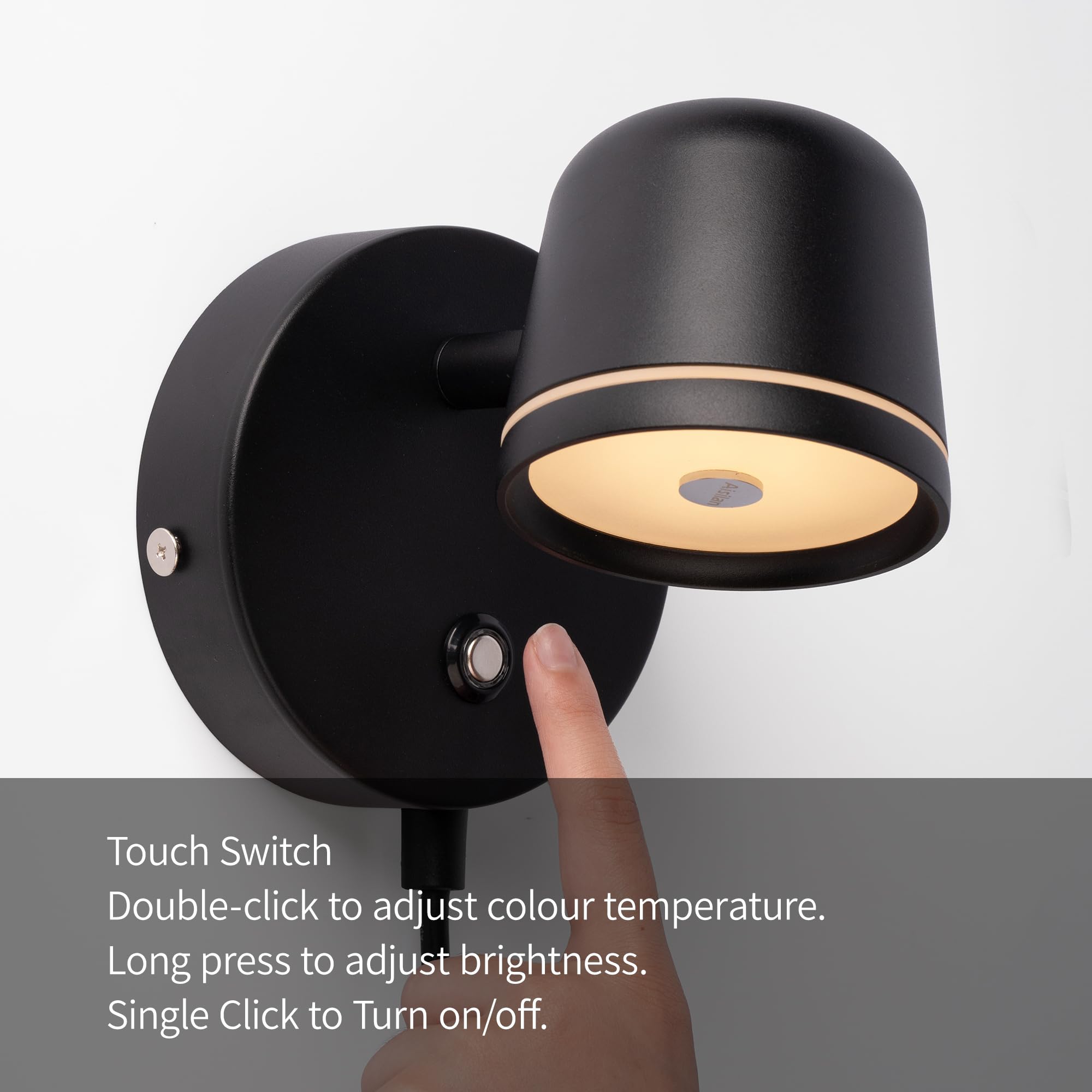 Aisilan Plug in Wall Light - Black Adjustable LED Wall Sconce with Touch Switch, Dimmable Bedside Lamp for Bedroom, Living Room, Hallway - Perfect for Reading, Night Light & Home Decor