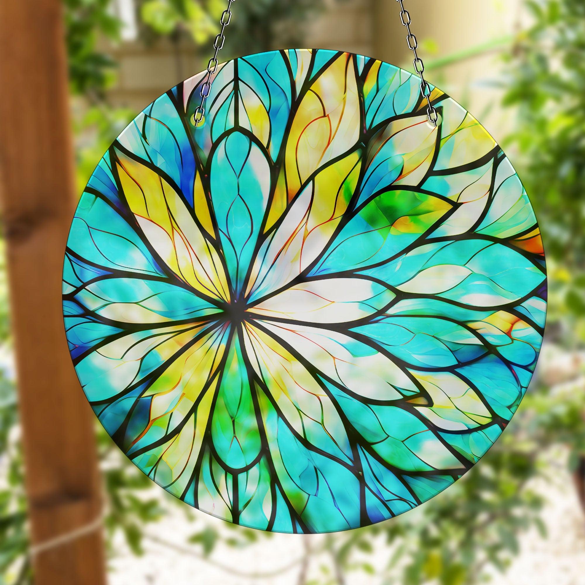 Blue and White Suncatcher Window Decor - Handmade Stained Glass Hanging Ornament for Home, Office, Garden (Perfect for Living Room, Bedroom, Kitchen & Outdoor Spaces)