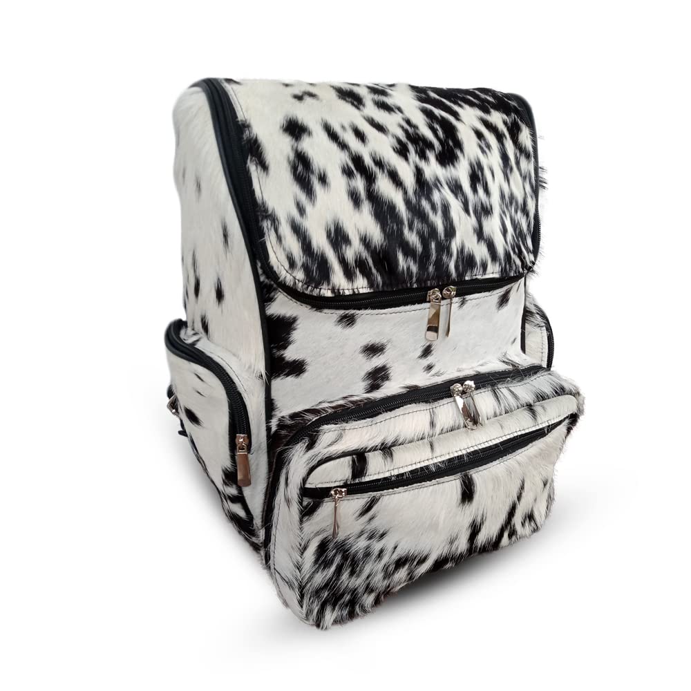 Premium Cowhide Backpack with Natural Hair On | Genuine Fur Leather Diaper Bag, Travel Rucksack & Shoulder Knapsack - Durable Cow Skin Baby Bag (Black & White) for Moms, Dads & Travel Enthusiasts | Perfect for Parenting, Outdoor Adventures & Daily Commute