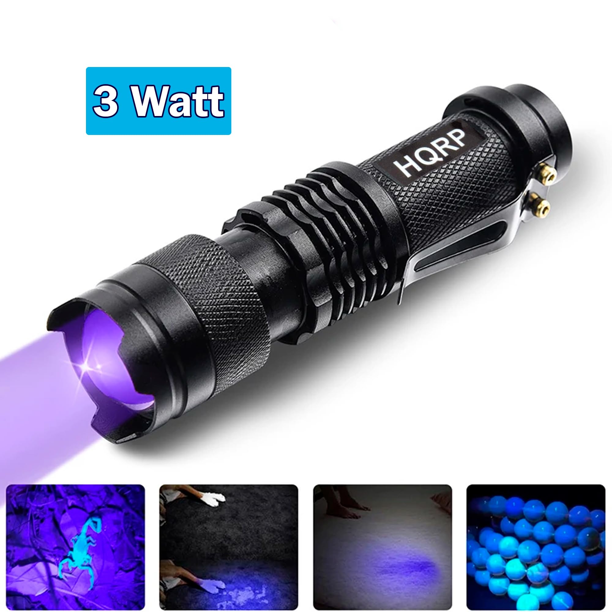 HQRP 365nm 3W UV Blacklight Flashlight - Detect Uranium Glass, Vaseline Glass & Minerals | Gem Hunting, Rock Collecting, Home Inspection & Security Use