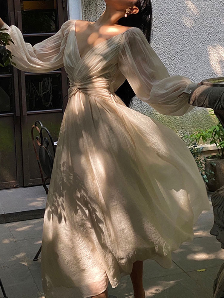 French Style Retro V-Neck Puff Sleeve Dress - Long Sleeve Fairy Dress for Women | Elegant Vintage Floral Maxi Dress for Weddings, Parties & Special Occasions