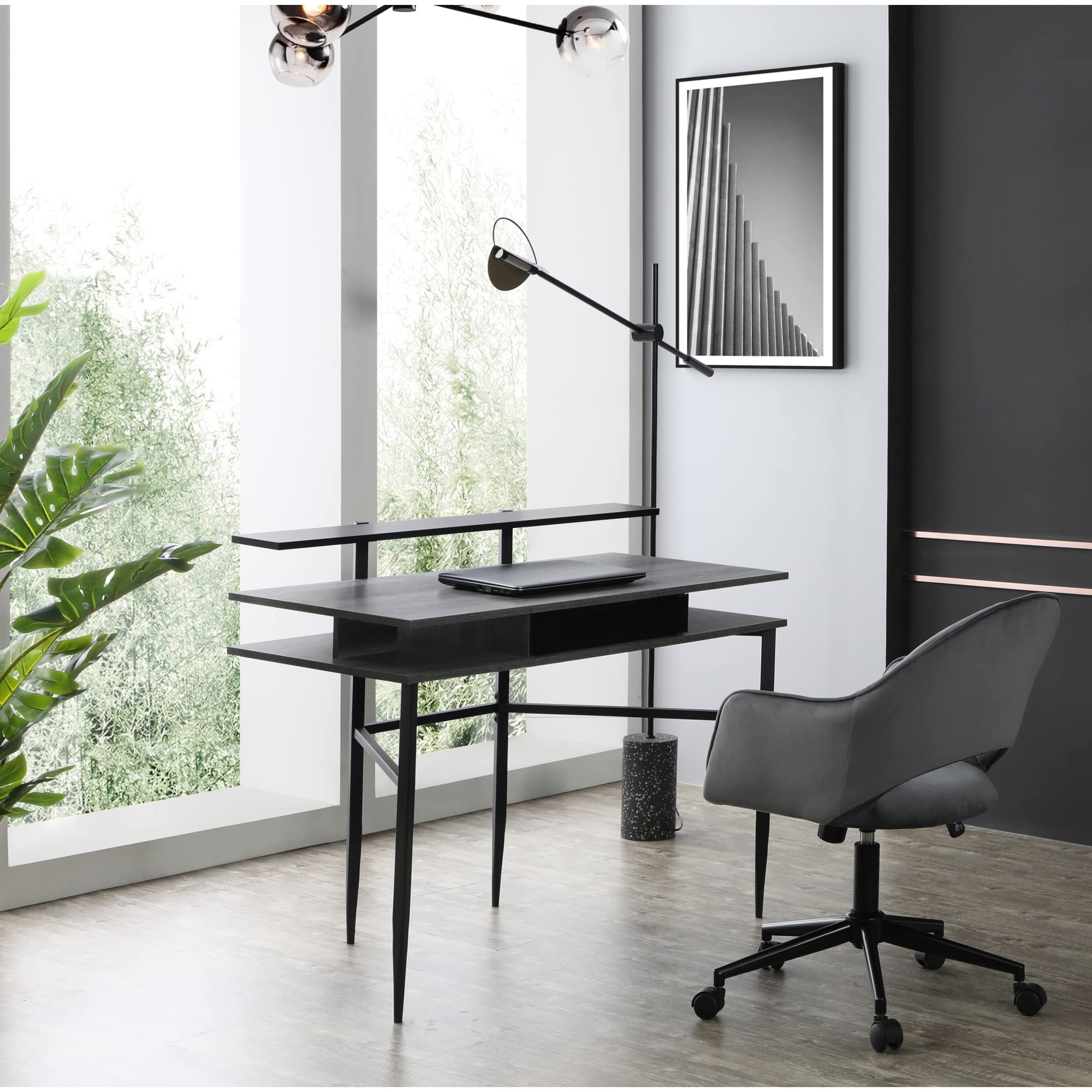 Laurel Office Desk with 1 Drawer, Side Storage & Top Shelves - Rectangular, Grey/Black - Perfect for Home Office, Study Room & Small Workspace