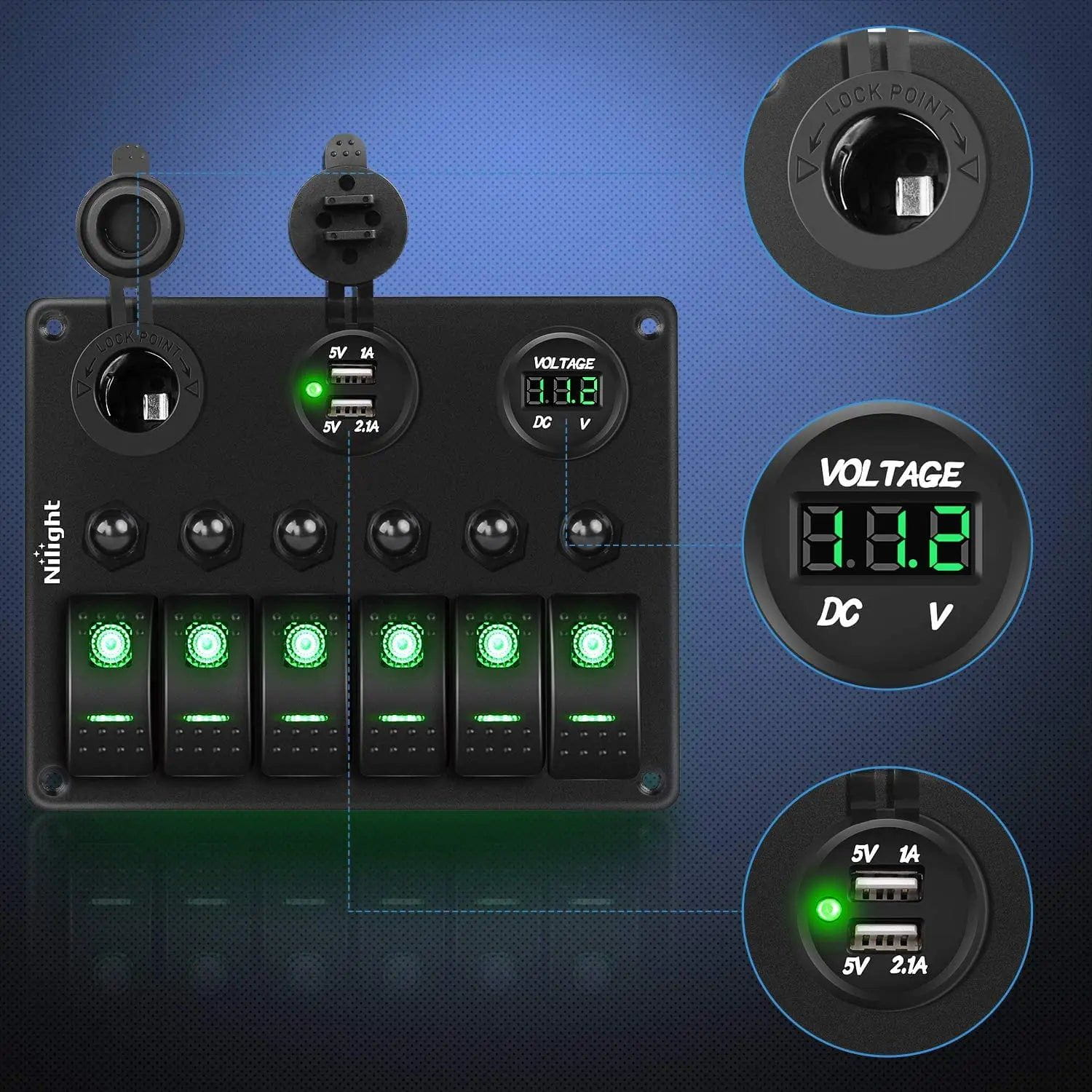 6 Gang ON/OFF Rocker Switch Panel with Dual USB Ports & Cigarette Lighter Socket - 12V/24V Waterproof Power Distribution Panel with Voltmeter - Perfect for Cars, Trucks, Boats & RVs Electrical System Upgrades
