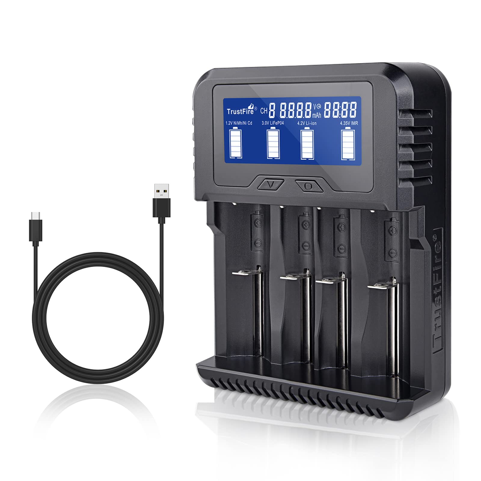 Universal 18650 Battery Charger - 4 Slot Smart Fast Charger with LCD Display, USB-C 5V 2A for Li-ion 18650/26650/18490 & Ni-MH/Ni-Cd AA/AAA Batteries - Perfect for Flashlights, Vapes, and Electronic Devices