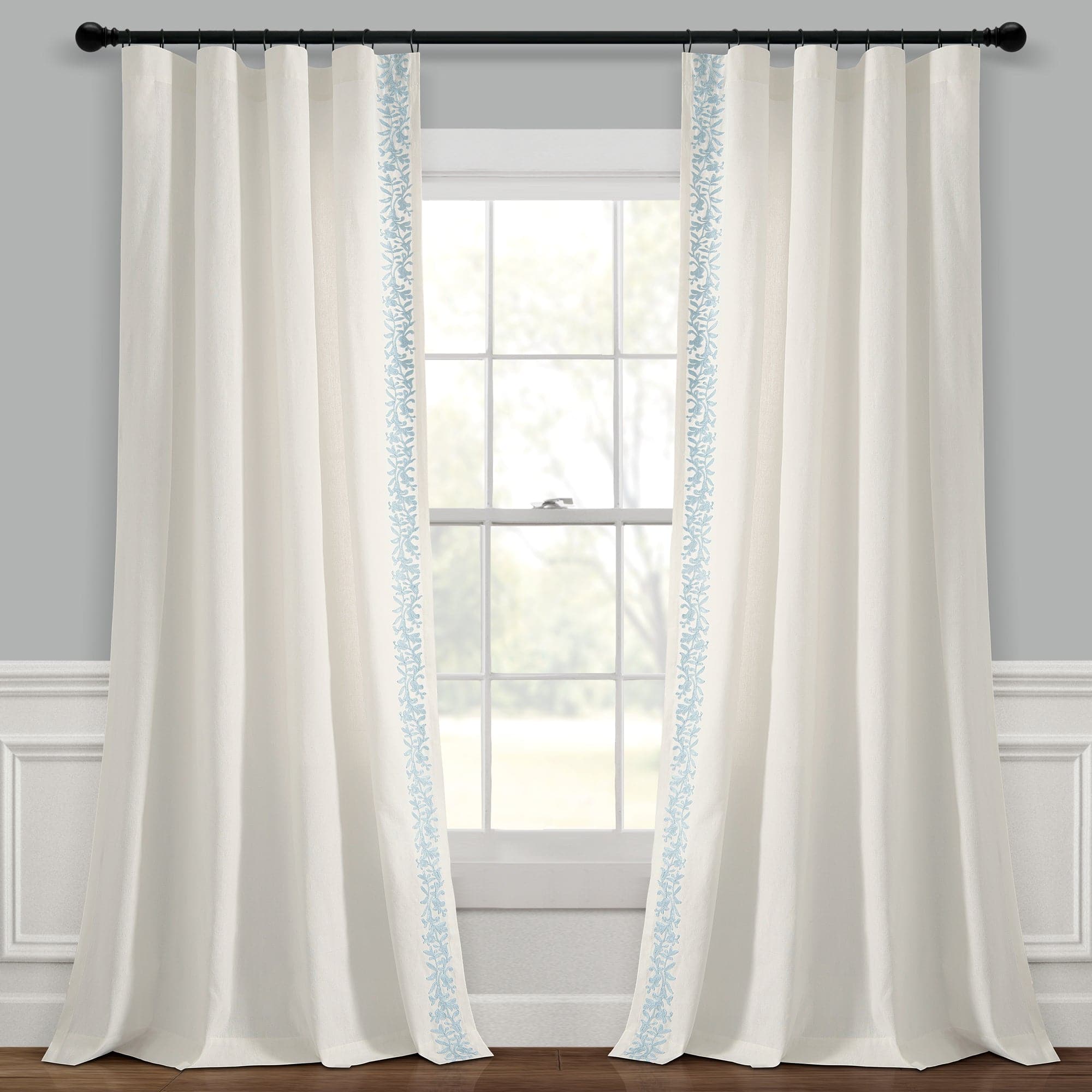 Luxury Modern Floral Linen-Like Embroidered Border Window Curtain Panel - Elegant Home Decor for Living Room & Bedroom