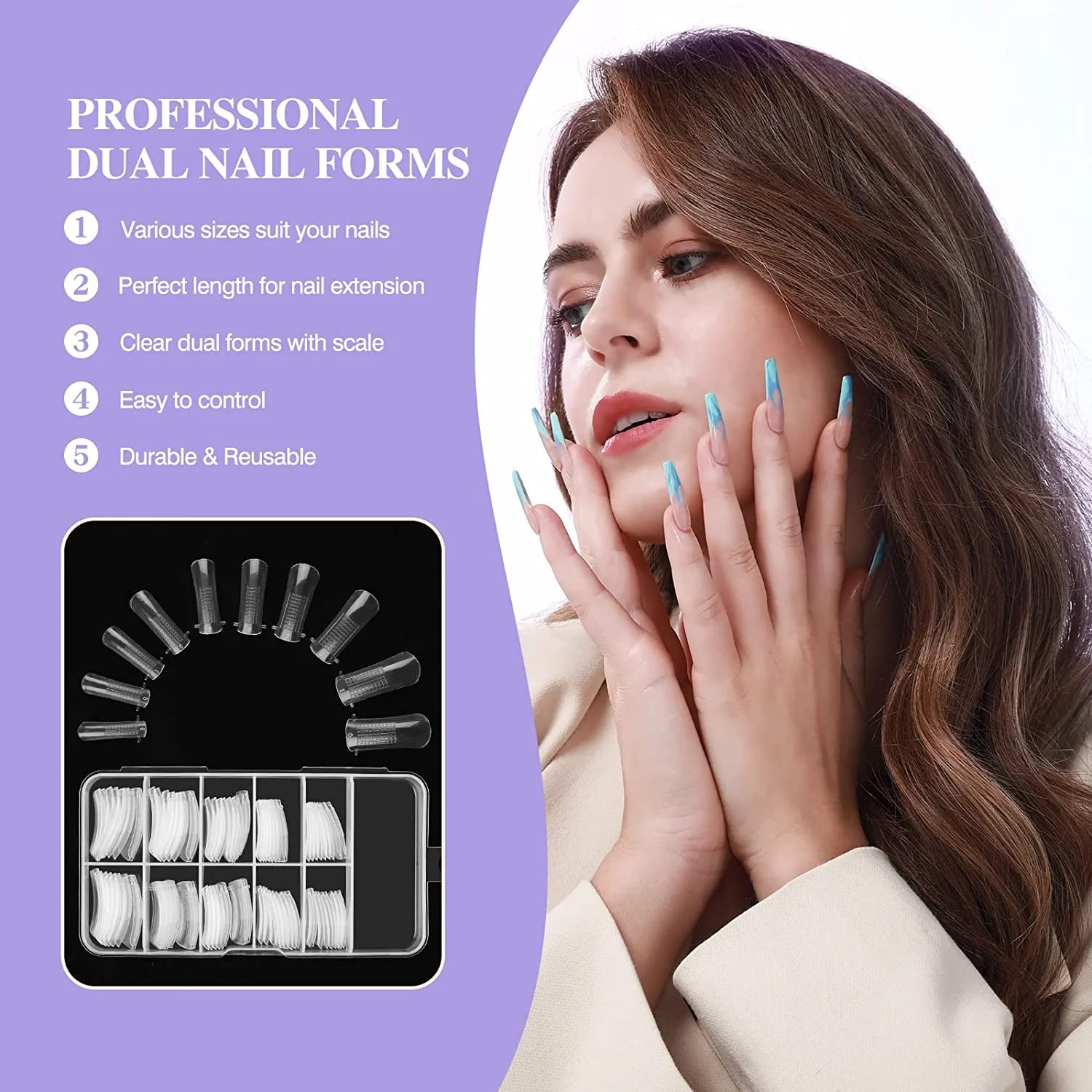 INOG Dual Nail Forms Set - 100PCS Clear Poly Gel Nail Extension Molds with 10 Sizes & Dual-End Brush for Salon & Home DIY | Perfect for Acrylic Nail Extensions, Gel Manicures & Nail Art Designs