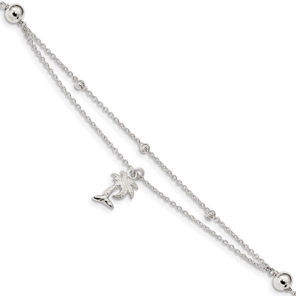 925 Sterling Silver Polished 2-Strand Palm Tree Anklet - 9 Inch Adjustable Length (1 Inch Extension) | Beach Jewelry, Summer Accessories, Vacation Wear, Boho Chic Style