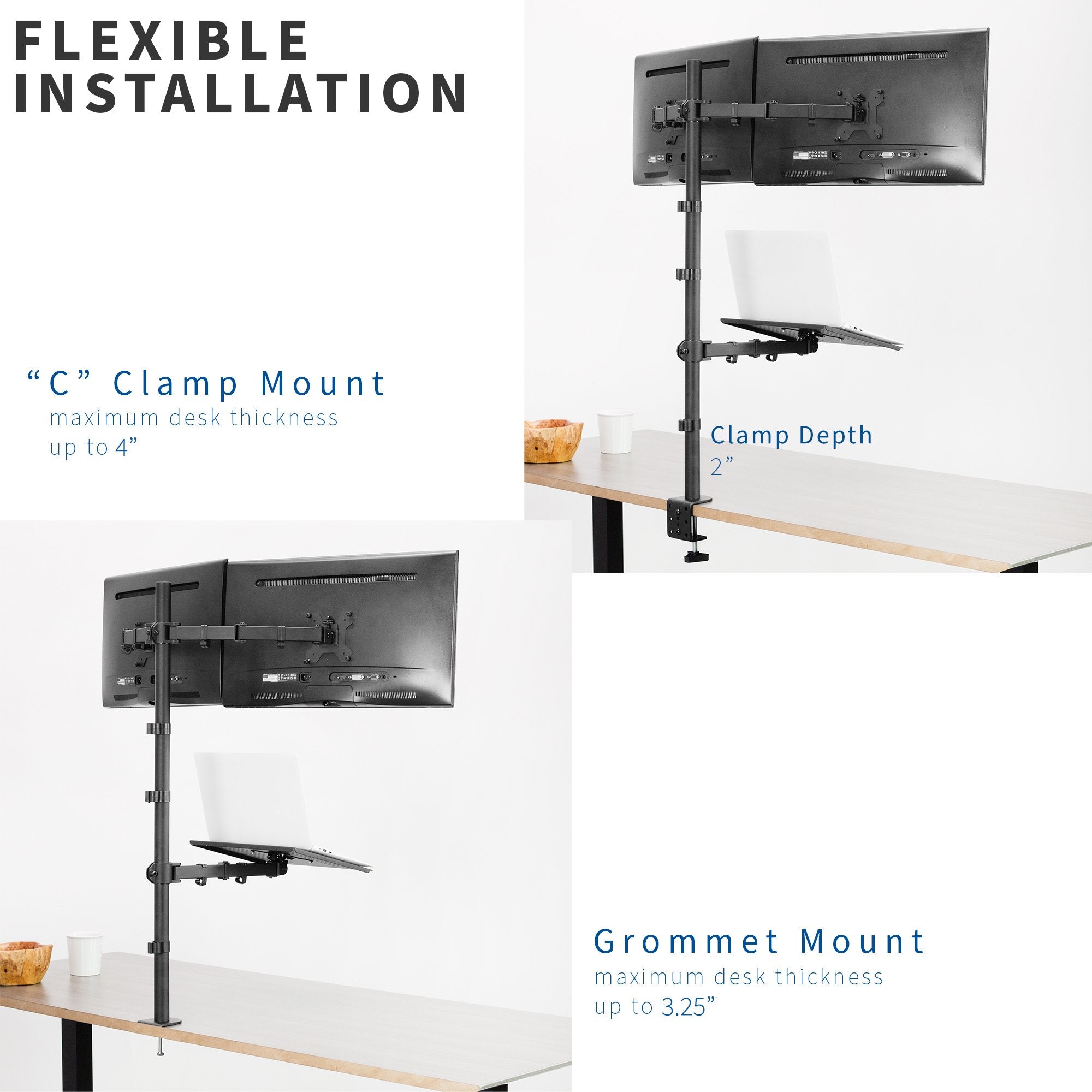Ergonomic Dual Monitor Stand with Adjustable Laptop Tray - Extra Tall Heavy Duty Desk Mount for Home & Office Workstations - Perfect for Gaming, Coding, and Multi-Task Productivity