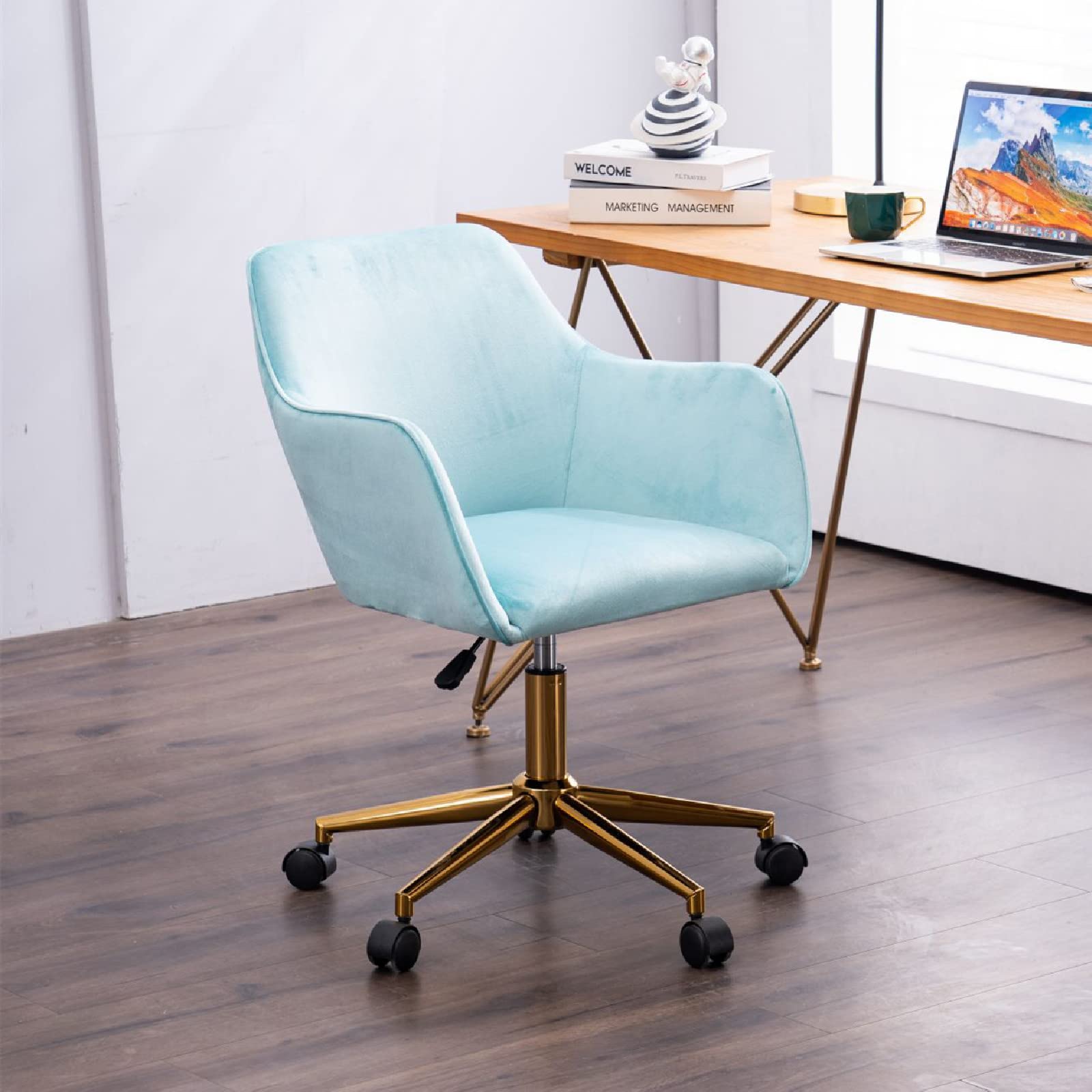 Modern Velvet Mid-Back Swivel Office Chair with Gold Base & Wheels - Elegant Home Office Computer Desk Chair for Women, Girls - Light Green Upholstered Task Chair for Living Room, Vanity, Study & Workspace