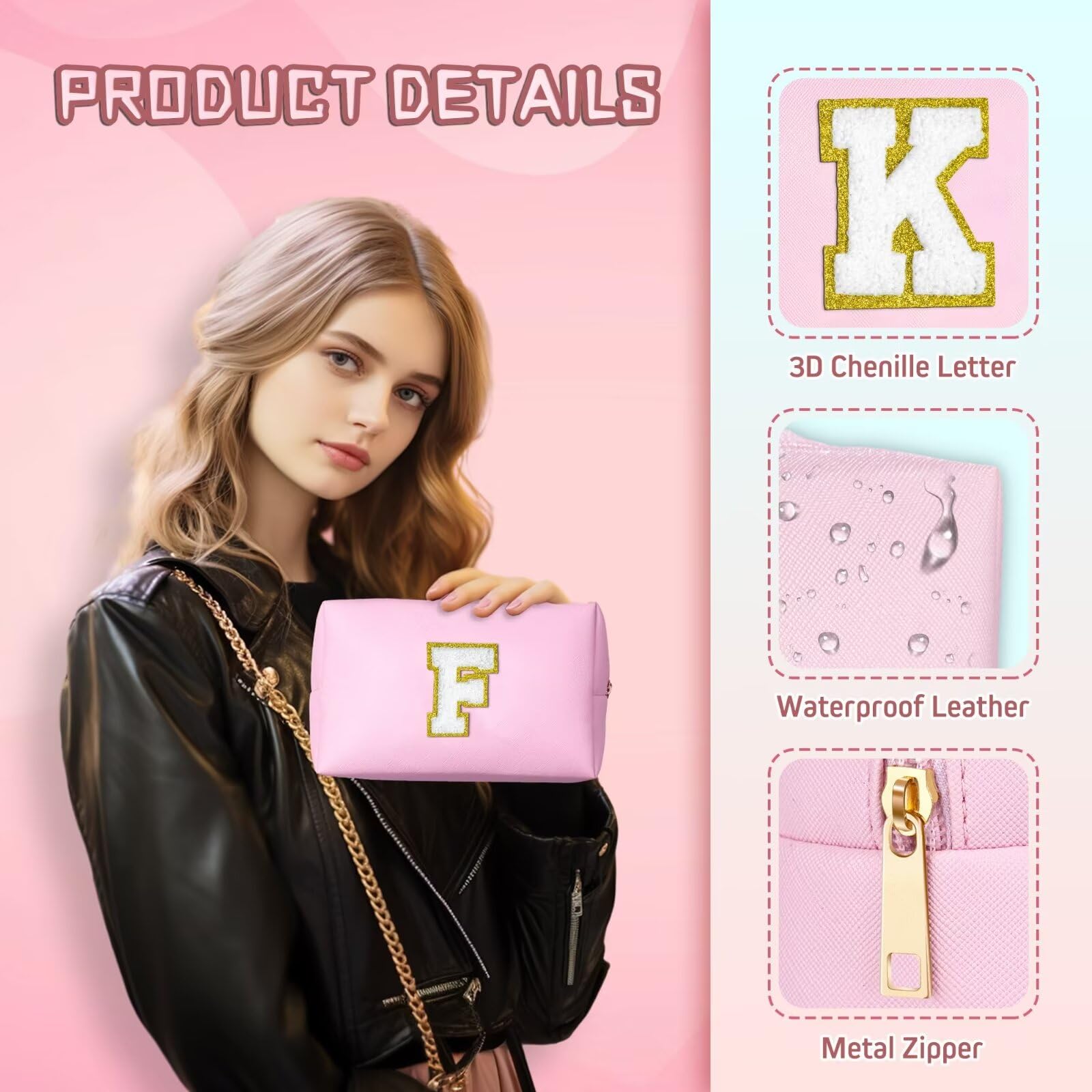 TOPEAST Preppy Patch Makeup Bag - Chenille Letter Cosmetic Pouch, Waterproof PU Leather Toiletry Bag for Women | Personalized Birthday Gift for Girls, Teens & Women | Perfect for Travel, Gym & Daily Use (Pink B)