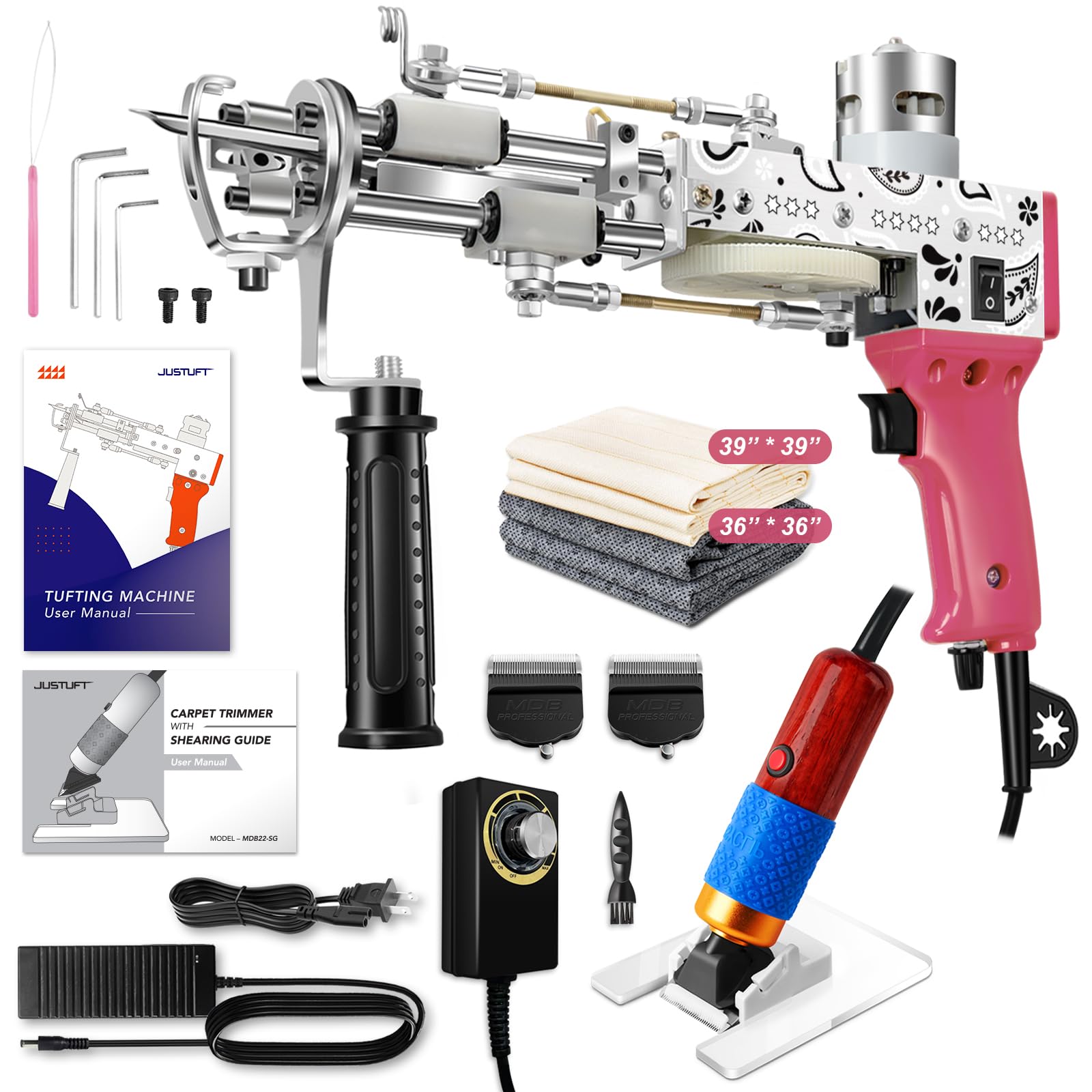 Premium Rug Tufting Gun & Carpet Trimmer Kit - 2-in-1 DIY Carpet Making Machine with Rug Shaver, Punch Needle & Fabric (Pink) - Perfect for Home Decor, Wall Hangings & Handmade Rugs